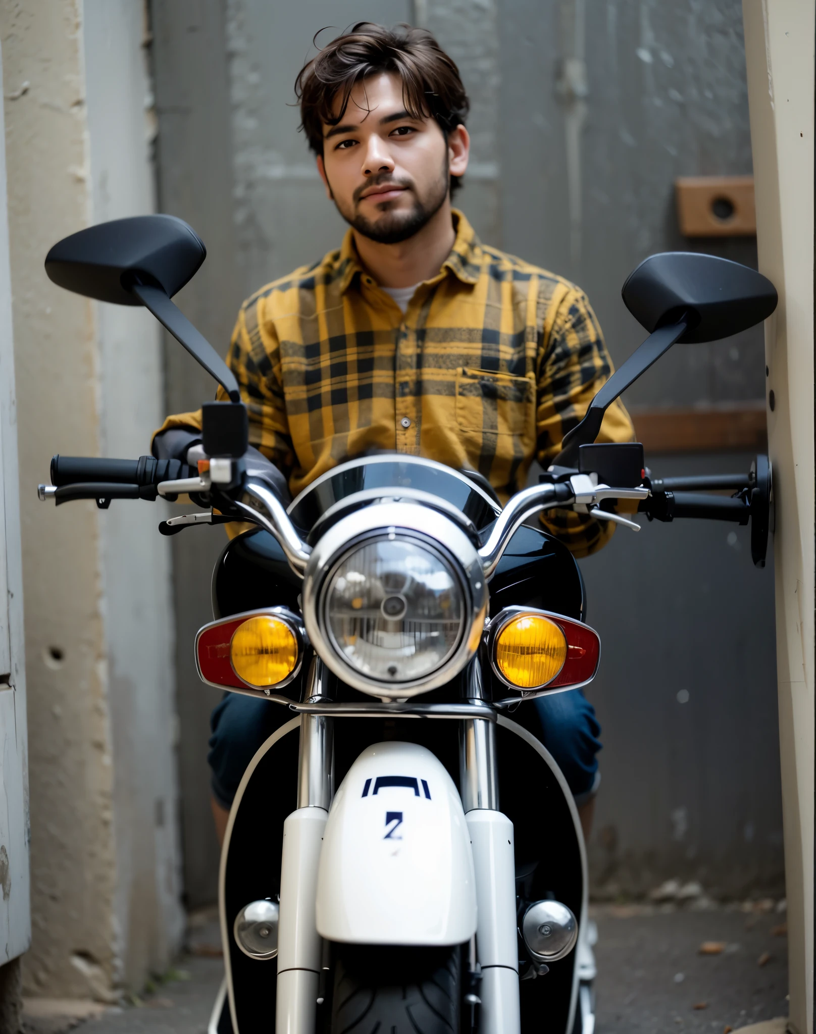 Boy sitting on sports motorcycle