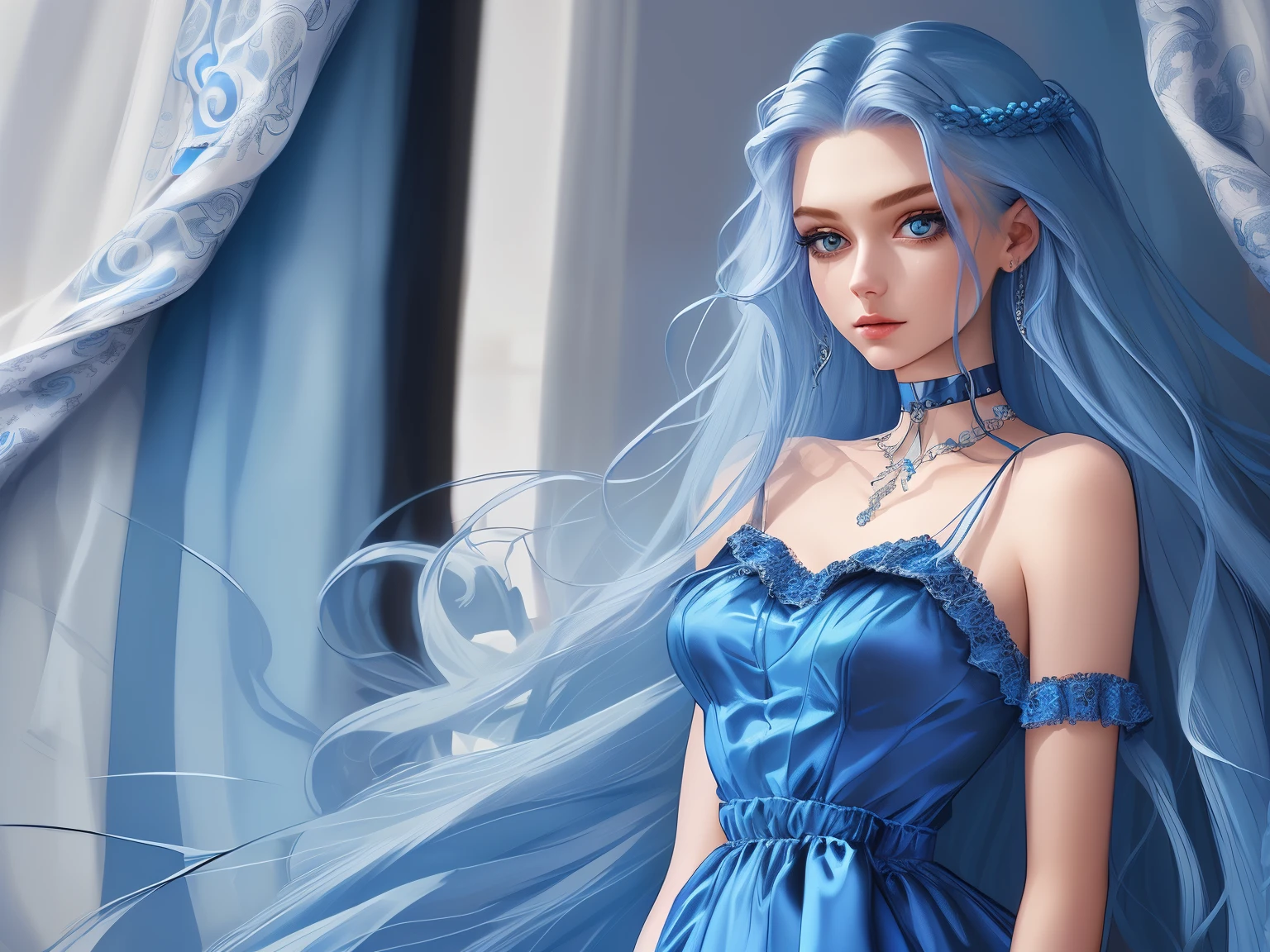 Best quality at best, masterious, detailed hair, A high resolution, (((Itching))) ,choker necklace, hair adornments, (pretty  face), a blue dress, looking at viewert, Blue hair, Permanent, （Above the waist），Medusa