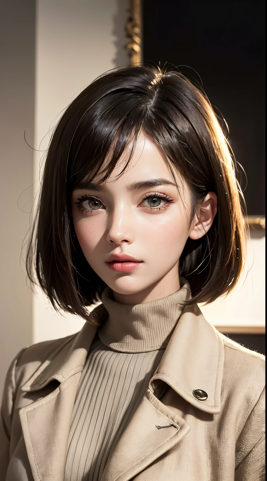 (UHD, retina, masterpiece, accurate, anatomically correct, textured skin, super detail, high details, high quality, best quality, high res, 1080P, HD, 4K, 8k, 16k), (beautiful detailed eyes, beautiful detailed lips, extremely detailed eyes and face), studio lighting, physically-based rendering, vivid colors, (large breasts, glamorous body), (beige trench coat, turtleneck sweater), (portrait, bob cut, shiny hair, shiny skin, blush), (a gallery with classic art pieces on display, bokeh), eye reflection,