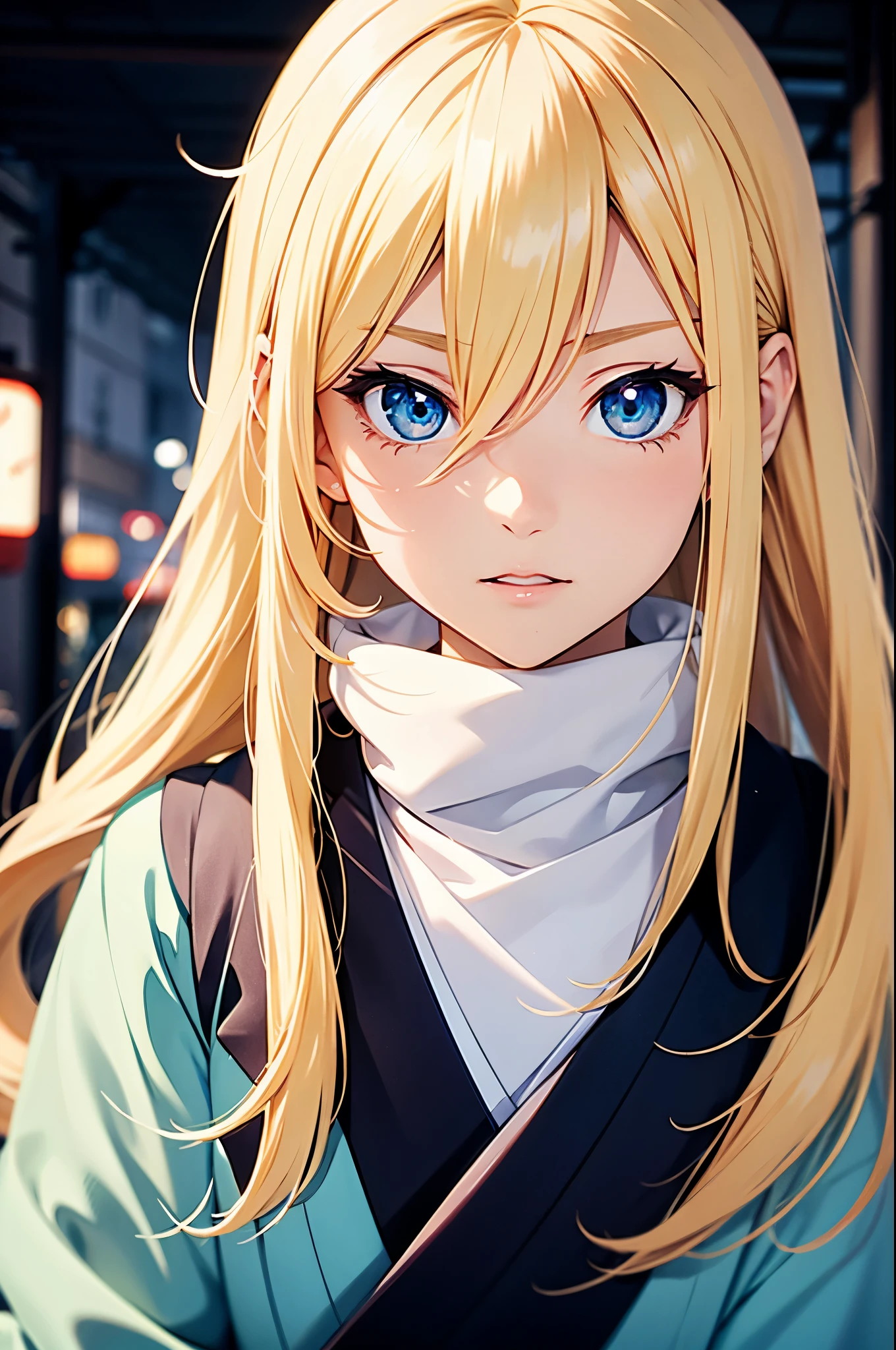 Japanese cartoon, the face, Blonde hair, eBlue eyes, long whitr hair,