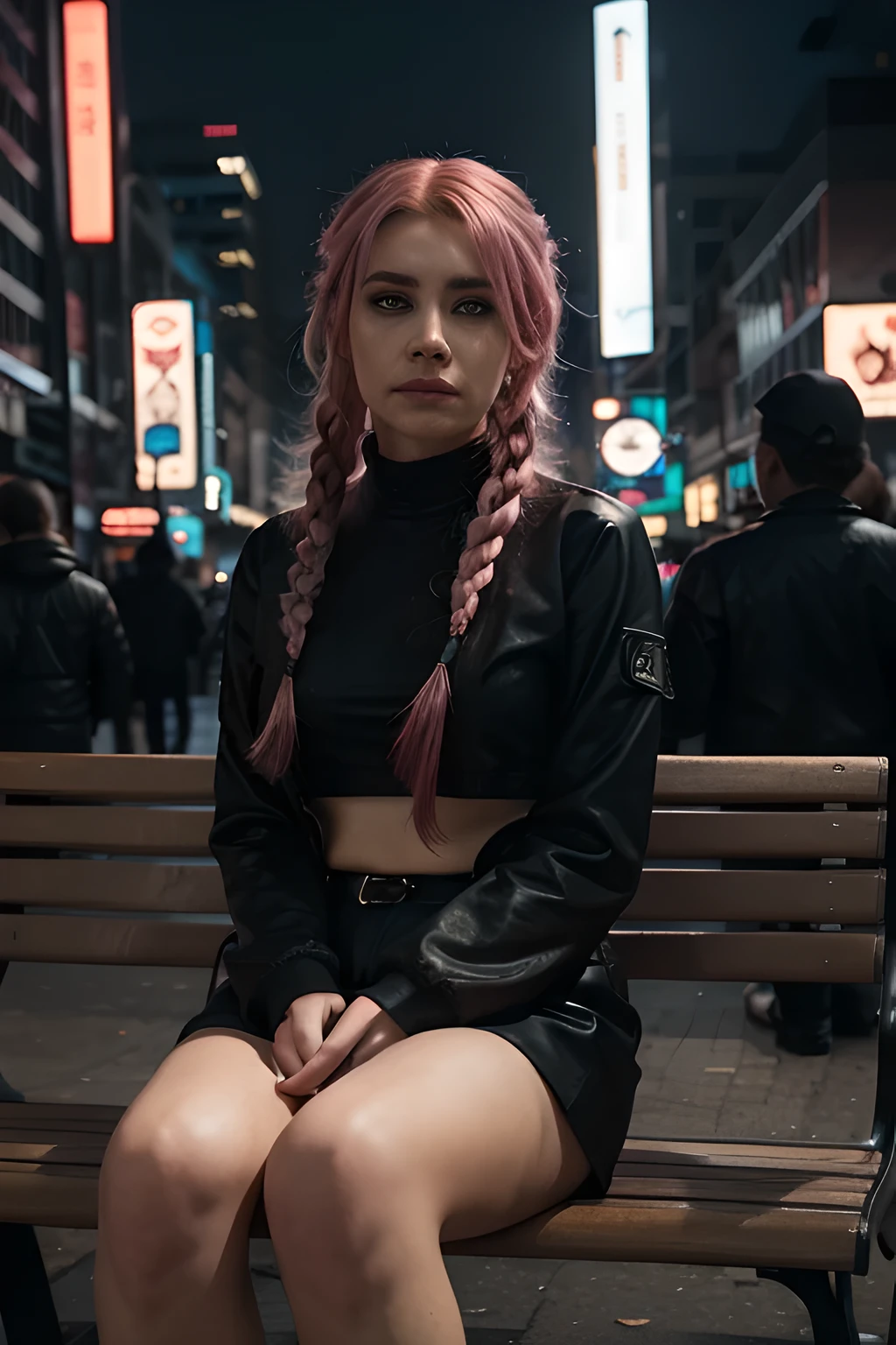 Cinematic lighting, 4K, Ultra Details, ultra-realism, Woman, harlequin, sad, Heavy eyeliner, cyberpunkcity, Woman has glowing pink hair, Woman sitting on a bench, Woman has braided hair, Person walking in the background々,