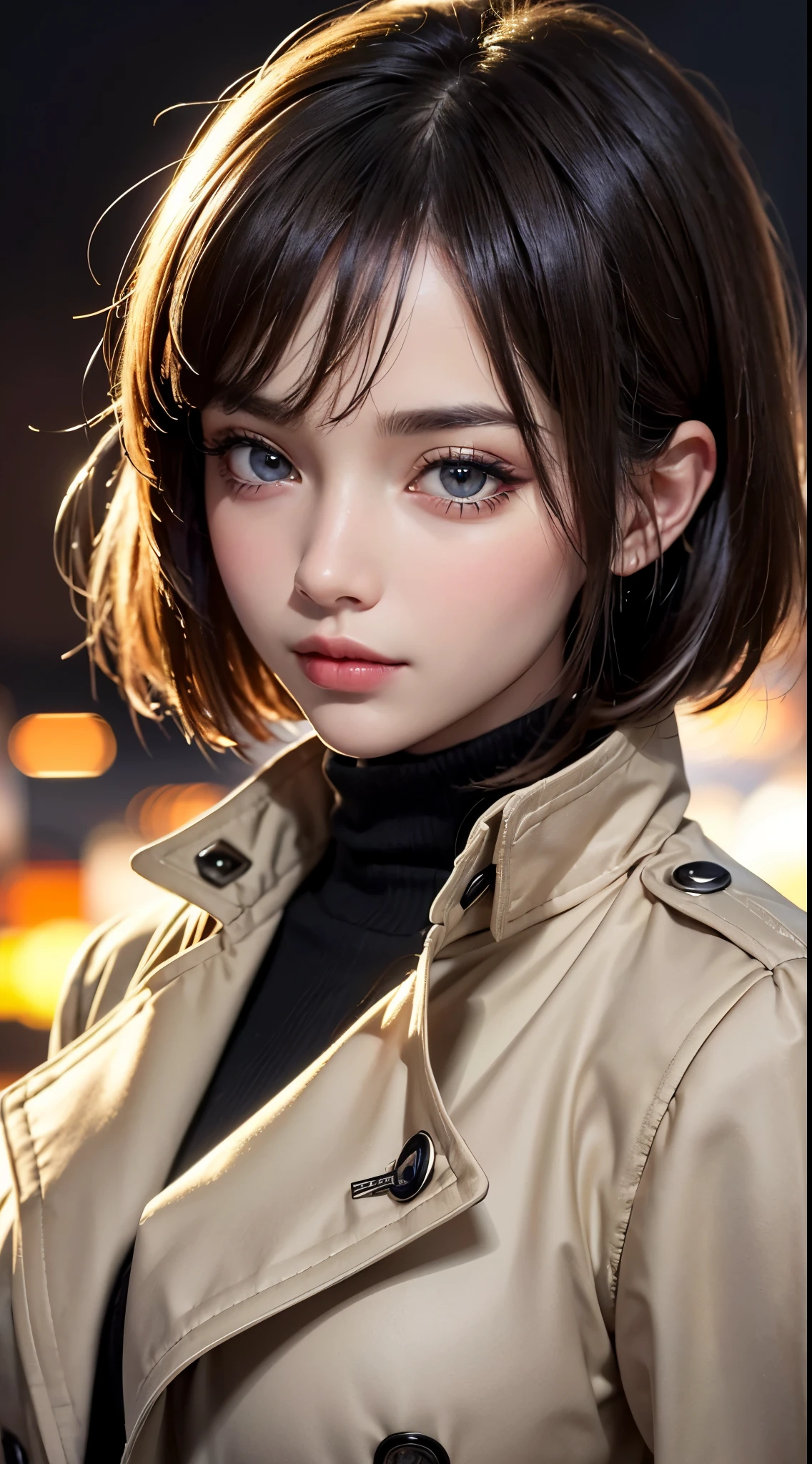 (UHD, retina, masterpiece, accurate, anatomically correct, textured skin, super detail, high details, high quality, best quality, high res, 1080P, HD, 4K, 8k, 16k), (beautiful detailed eyes, beautiful detailed lips, extremely detailed eyes and face), studio lighting, physically-based rendering, vivid colors, (large breasts, glamorous body), (beige trench coat, turtleneck sweater), (portrait, bob cut, shiny hair, shiny skin, blush), (dusk and night view, bokeh), eye reflection,