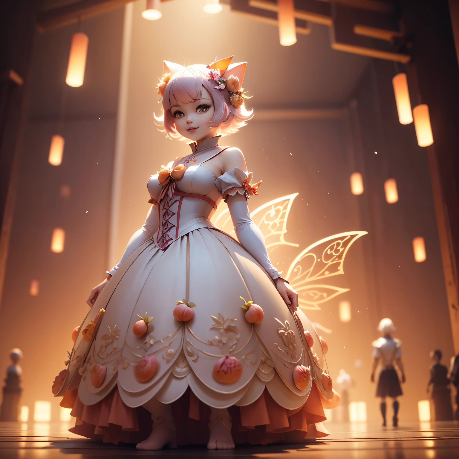 masterpiece、top-quality、ultra-detailliert、(ちびキャラのpeaches娘:1.2),peaches,peachesの姿をしたちびキャラ,fairy wings,White Bob,Full-body standing figure,Open your mouth and smile, peach fruit art wallpaper,Vivid color scheme,best depiction