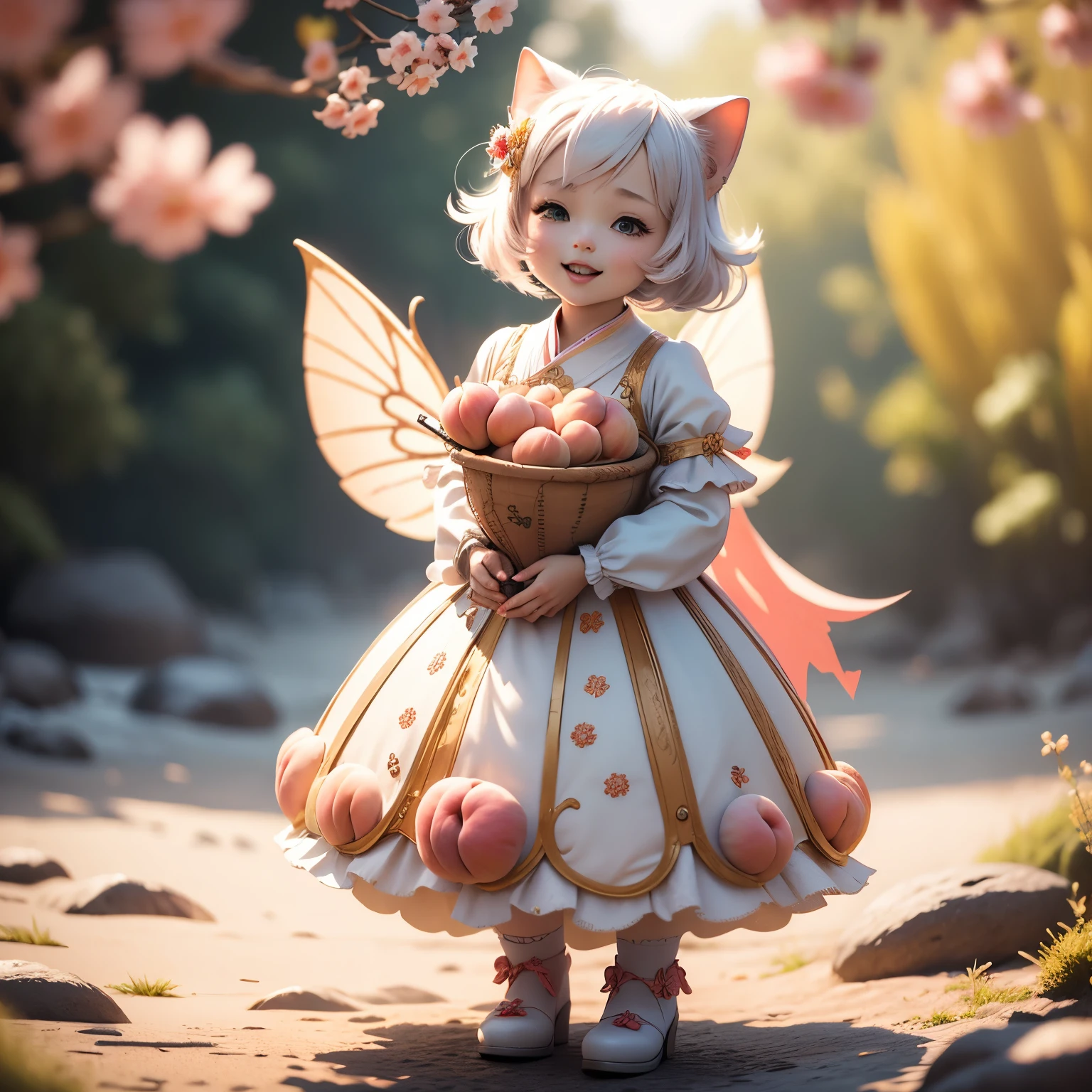 masterpiece、top-quality、ultra-detailliert、(ちびキャラのpeaches娘:1.2),peaches,peachesの姿をしたちびキャラ,fairy wings,White Bob,Full-body standing figure,Open your mouth and smile, peach fruit art wallpaper,Vivid color scheme,best depiction