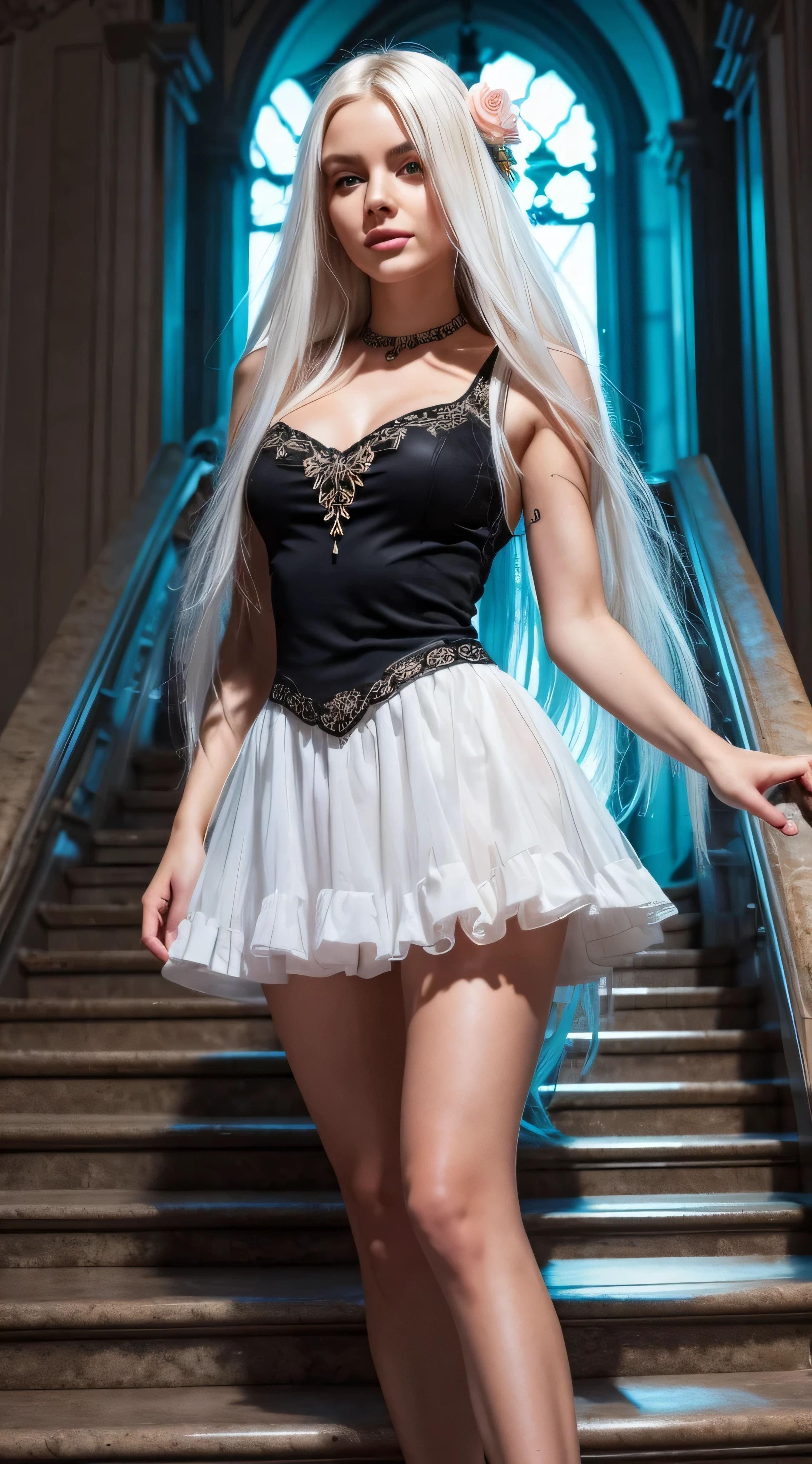 very beautiful girl with long white hair,luminous threads are woven into her hair,her short skirt shines with neon light ,ia'it's like a fairy ,sorceress ,ia is standing on the marble stairs,magical rose flowers are planted along the edges of the stairs,the staircase is illuminated with lanterns,atmospheric lighting is in the air,The sun is shining brightly,The sky is blue,high quality 32k.8K,High texture detail,in good focus,