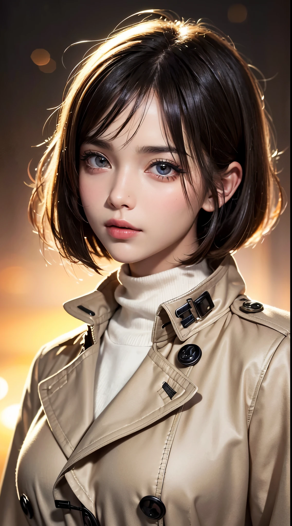 (UHD, retina, masterpiece, accurate, anatomically correct, textured skin, super detail, high details, high quality, best quality, high res, 1080P, HD, 4K, 8k, 16k), (beautiful detailed eyes, beautiful detailed lips, extremely detailed eyes and face), studio lighting, physically-based rendering, vivid colors, (large breasts, glamorous body), (beige trench coat, turtleneck sweater), (portrait, bob cut, shiny hair, shiny skin, blush), (evening, bokeh), eye reflection,