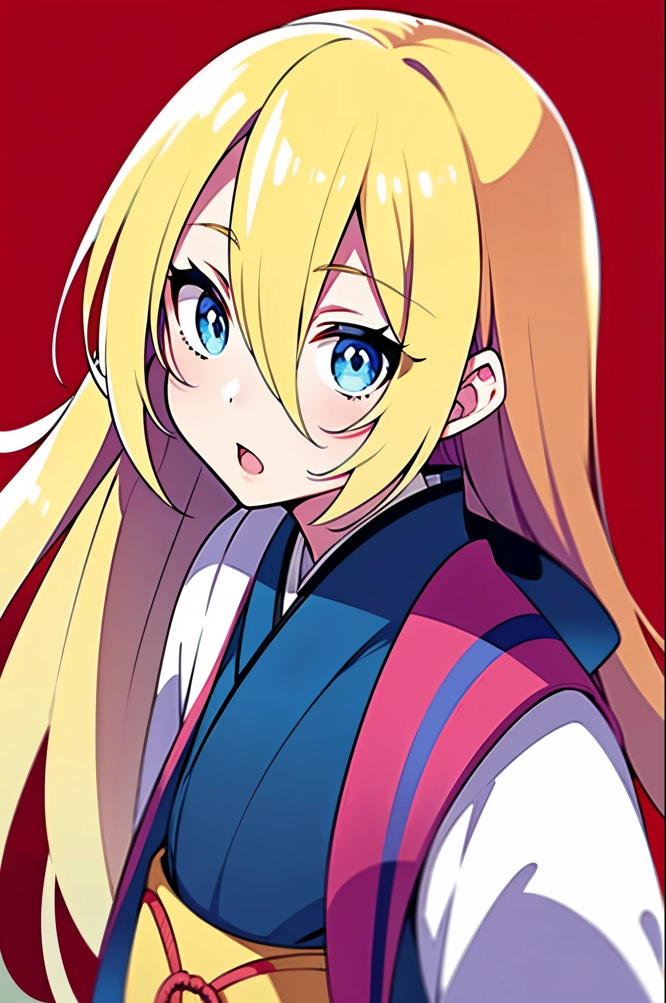 Japanese cartoon, the face, Blonde hair, eBlue eyes, long whitr hair, white backgrounid,sweet