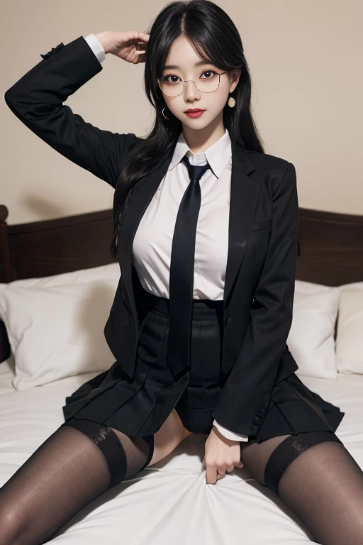 8K RAW photo, high resolution, ful body, 17 year old cool Korean, big round breasts, school uniform, tie, tie ribbon, blazer, skirt, beautiful eyes in detail, long eyelashes, beautiful double eyelids, eye shadow, slit eyes, sanpaku eyes, dark eye makeup, smile, open mouch, beautiful thin leglack pantyhose)), black hair, long twintails hair, round, earrings, bed, geek glasses, lying, condom on bed, show panties, spread legs, black panties, dark brown leather school shoes, legs, feets,