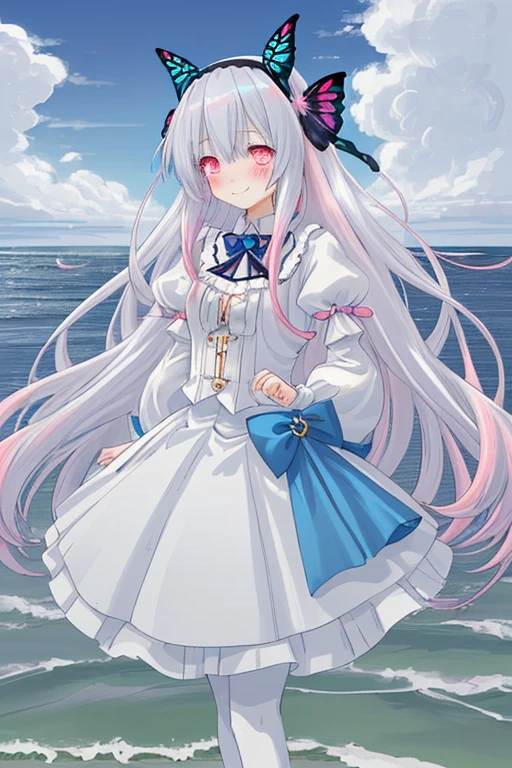 White silk pantyhose, Blue and pink gradient long hair, Superskirt, Butterfly hairpin, standing on the sea side, silver hair, white hairband, shy, full blush, seductive smile, anime, high details, high quality