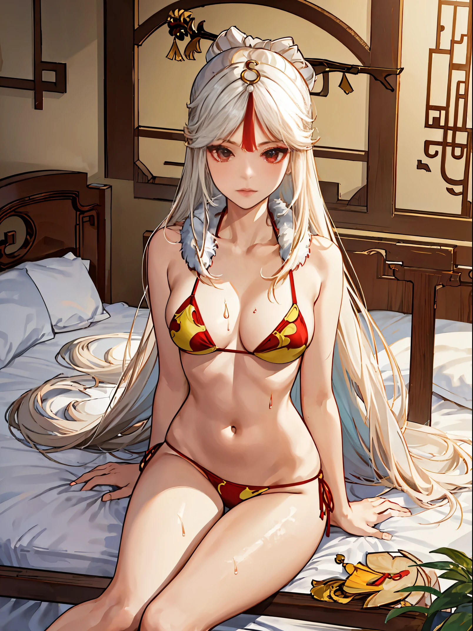 UHD, anatomically correct, super detail, award winning, masterpiece,tachi-e,(1 female wearing loose bikini,sitting on a bed,spreading leg,white long hair),(Wet body),(hands behind back),(Open month),SOLO,(Ningguang\Genshin Impact)