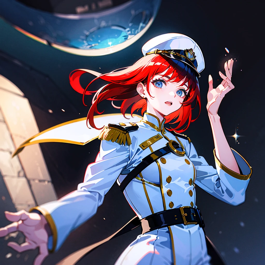 (((masterpiece)))、(((Top image quality)))、(((top-quality)))、(Illustration of one woman)、30-years old、(Viceroy)、((Red-haired shorthair))、(Thin hair hanging down both sides of the face)、Blue eyes、((Tall))、((Muscle Woman、stocky build、muscular legs、broad shoulders、solid chest))、((Military uniforms))、((Military Cap))、((Military coat))、(white clothes)、(White pants)、(White cap)、trench coat、((Inside the spaceship))