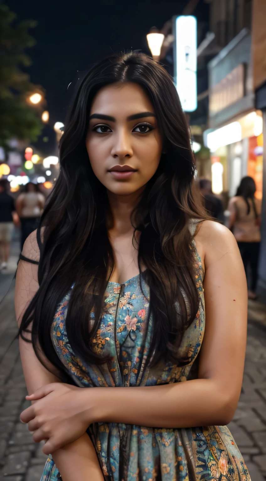 ultra-realistic photographs,Indian Instagram female model,mid 20s,9:16,mid-shot,beautiful detailed eyes,detailed lips,longeyelashes,long black wavy hair, naturally full eyebrows,perfectly formed nose,expressive face,attractive appearance,candid photo,vibrant and colorful frock, floral patterned, night street background, serene atmosphere,stunning architecture,soft and natural lighting,vivid colors,photorealistic,HDR,highres,studio lighting,ultra-detailed,bokeh,fully covered clothes