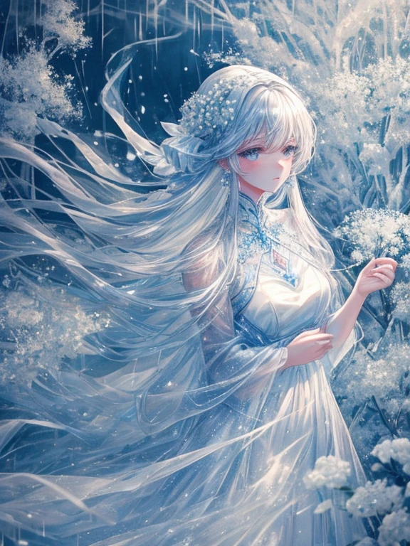 scenecy, Paradise in Heaven, White lighting,(masutepiece), (Best Quality), (Cinematic), 8K, (art  stations), Li Yue painting style. (長い白い髪とSilvery eyesを持つ1人の女), (流れるような白くSheerドレス)、(Beautiful delicate face)、[ Particle Lou Full Moon] [Frozen trees々] [landscape crystal] [Lighting] [Ethereal Atmosphere]:1.1] [Fantasy, short story] [soft Lighting] [+Cinematic shot]:1.2 [+art  stations] [+luminous white background] [+soft Lighting] [soft glow] [Creative and dynamic angles]:1.3, [+Crystal Toning] 、masutepiece, ighly detailed, Ultra-detailed, Solo, (pale skin), Silvery eyes, Frosty white hair, (snowy background), snowflake rosen flower:1.5), (crystal crown), (shining crystal), (((白くSheerドレス))), (Snowy ground), (Icy breath), (Frozen lashes), 花のある部屋に立つSheer繊細なウェディングドレスを着た美女, Female sexy、luxurious wedding, very magical and dreamy, dreamy and detailed, ethereal fairy tale, The setting of a fairy tale:, 贅沢なSheer薄いドレス, dreamy diamond、たくさんのクリスタルが付いたSheerドレス, fantasy sheer dress, A magical dress with a transparent chest, crystal see-through dress, Woman in a transparent dress with sparkling flowersな雰囲気とドラマ, Gorgeous setting, long luxurious intricate sheer gown, 妖しい雰囲気 masutepiece, The most beautiful scenes, An majestic、(((full of white flowers)))、quiet and serene atmosphere、A charming, Sheer,The nipple is visible、large boob、sexy-S 100,たくさんのクリスタルが付いたSheerドレス, fantasy sheer dress, Transparent chest dress, crystal see-through dress, Woman in a transparent dress with sparkling flowers, intricate fantasy sheer dress, transparent rainbow color, Detailed translucent costume design, transparent dress, a stunning young ethereal figure, Bejeweled Opal Statue, fantasy transparent costume,pure white and dazzling、all white tones,Inside the crystal library,Transparent flowers and falling snow，Many white roses were planted,flowingwater,falls,water bloom,The decoration is also carefully done.,Dreamy（ighly detailedです，Creative Design，crisp and precise lines，K HD，best qualtiy，tmasterpiece，超hight resolution，4K）、modeled、Diverse poses、beautiful hair ornament、Beautiful hairstyle、Full body view、グラビアmodeled、Overhead view, look from above、(Best Quality, 4K, 8K, hight resolution, masutepiece:1.2), Ultra-detailed,  Detailed expression, Graceful posture, dreamy ambiance, expressive brush strokes, mystic atmosphere, artistic interpretation,Beautiful coiled hair，Delicate floral jewelry， 驚くほど小さな新鮮なスタイルのSheerドレス、 Subtle colors and tones, Mystical aura,