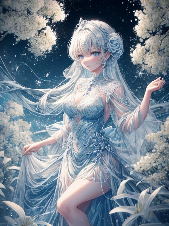 scenecy, Paradise in Heaven, White lighting,(masutepiece), (Best Quality), (Cinematic), 8K, (art  stations), Li Yue painting style. (長い白い髪とSilvery eyesを持つ1人の女), (流れるような白くSheerドレス)、(Beautiful delicate face)、[ Particle Lou Full Moon] [Frozen trees々] [landscape crystal] [Lighting] [Ethereal Atmosphere]:1.1] [Fantasy, short story] [soft Lighting] [+Cinematic shot]:1.2 [+art  stations] [+luminous white background] [+soft Lighting] [soft glow] [Creative and dynamic angles]:1.3, [+Crystal Toning] 、masutepiece, ighly detailed, Ultra-detailed, Solo, (pale skin), Silvery eyes, Frosty white hair, (snowy background), snowflake rosen flower:1.5), (crystal crown), (shining crystal), (((白くSheerドレス))), (Snowy ground), (Icy breath), (Frozen lashes), 花のある部屋に立つSheer繊細なウェディングドレスを着た美女, Female sexy、luxurious wedding, very magical and dreamy, dreamy and detailed, ethereal fairy tale, The setting of a fairy tale:, 贅沢なSheer薄いドレス, dreamy diamond、たくさんのクリスタルが付いたSheerドレス, fantasy sheer dress, A magical dress with a transparent chest, crystal see-through dress, Woman in a transparent dress with sparkling flowersな雰囲気とドラマ, Gorgeous setting, long luxurious intricate sheer gown, 妖しい雰囲気 masutepiece, The most beautiful scenes, An majestic、(((full of white flowers)))、quiet and serene atmosphere、A charming, Sheer,The nipple is visible、large boob、sexy-S 100,たくさんのクリスタルが付いたSheerドレス, fantasy sheer dress, Transparent chest dress, crystal see-through dress, Woman in a transparent dress with sparkling flowers, intricate fantasy sheer dress, transparent rainbow color, Detailed translucent costume design, transparent dress, a stunning young ethereal figure, Bejeweled Opal Statue, fantasy transparent costume,pure white and dazzling、all white tones,Inside the crystal library,Transparent flowers and falling snow，Many white roses were planted,flowingwater,falls,water bloom,The decoration is also carefully done.,Dreamy（ighly detailedです，Creative Design，crisp and precise lines，K HD，best qualtiy，tmasterpiece，超hight resolution，4K）、modeled、Diverse poses、beautiful hair ornament、Beautiful hairstyle、Full body view、グラビアmodeled、Overhead view, look from above、(Best Quality, 4K, 8K, hight resolution, masutepiece:1.2), Ultra-detailed,  Detailed expression, Graceful posture, dreamy ambiance, expressive brush strokes, mystic atmosphere, artistic interpretation,Beautiful coiled hair，Delicate floral jewelry， 驚くほど小さな新鮮なスタイルのSheerドレス、 Subtle colors and tones, Mystical aura,