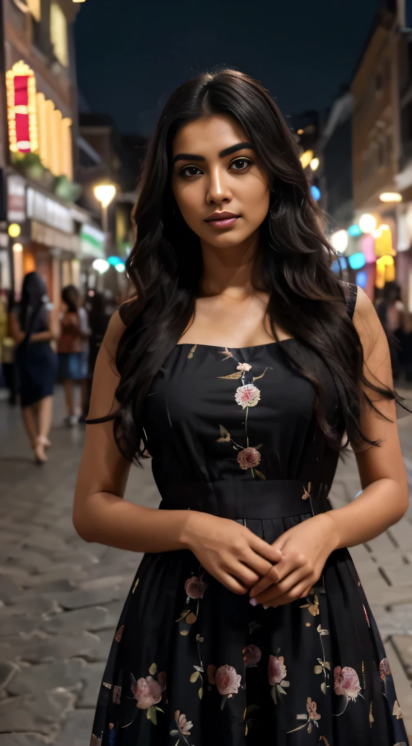 ultra-realistic photographs,Indian Instagram female model,mid 20s,9:16,mid-shot,beautiful detailed eyes,detailed lips,longeyelashes,long black wavy hair, naturally full eyebrows,perfectly formed nose,expressive face,attractive appearance,candid photo,vibrant and colorful frock, floral patterned, night street background, serene atmosphere,stunning architecture,soft and natural lighting,vivid colors,photorealistic,HDR,highres,studio lighting,ultra-detailed,bokeh,fully covered clothes