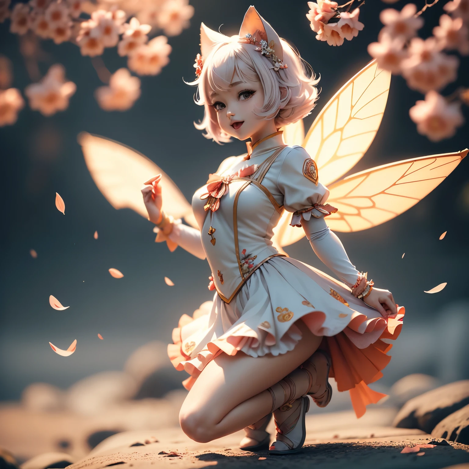 masterpiece、top-quality、ultra-detailliert、(ちびキャラのpeaches娘:1.2),peaches,peachesの姿をしたちびキャラ,fairy wings,White Bob,Full-body standing figure,Open your mouth and smile, peach fruit art wallpaper,Vivid color scheme,best depiction
