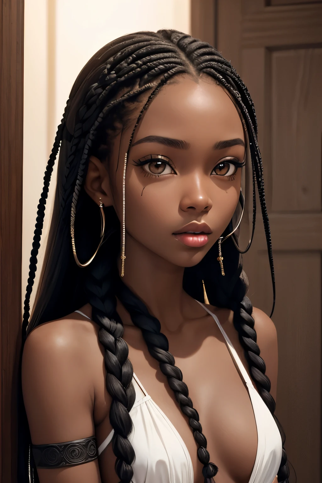 (masterpiece, best quality), deep ebony 1girl, beautiful face, freely hanging braids, confused