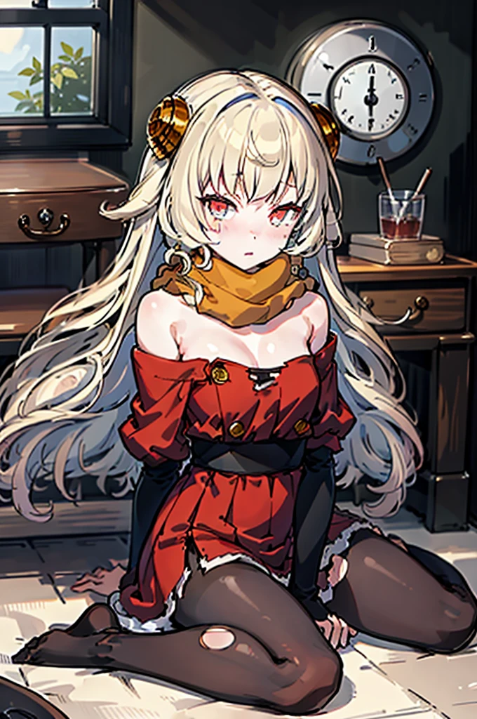 1girl, masterpiece, best quality, highly detailed, illustration, warg \(rance\), indoors, sitting, dress, red eyes, orange scarf, embarrassed, topless, bottomless, ((torn clothes)), ((off-shoulder brest)), sweet, little curvy, pantyhose