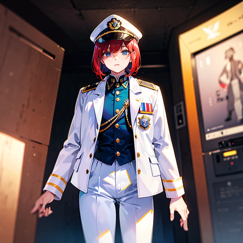(((masterpiece)))、(((Top image quality)))、(((top-quality)))、(Illustration of one woman)、30-years old、(Viceroy)、((Red-haired shorthair))、(Thin hair hanging down both sides of the face)、Blue eyes、((Tall))、((Muscle Woman、stocky build、muscular legs、broad shoulders、solid chest))、((Military uniforms))、((Military Cap))、((Military coat))、(white clothes)、(White pants)、(White cap)、trench coat、((Inside the spaceship))