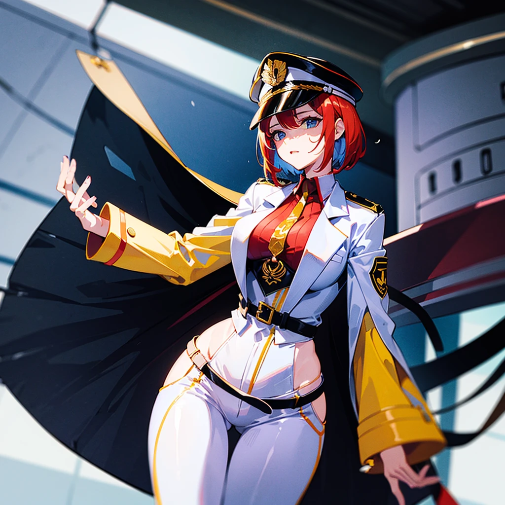 (((masterpiece)))、(((Top image quality)))、(((top-quality)))、(Illustration of one woman)、30-years old、(Viceroy)、((Red-haired shorthair))、(Thin hair hanging down both sides of the face)、Blue eyes、((Tall))、((Muscle Woman、stocky build、muscular legs、broad shoulders、solid chest))、((Military uniforms))、((Military Cap))、((Military coat))、(white clothes)、(White pants)、(White cap)、trench coat、((Inside the spaceship))