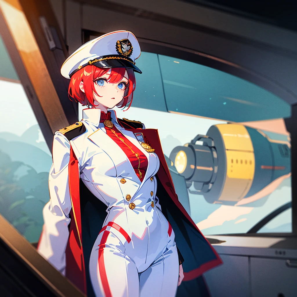 ((Masterpiece)), ((highest image quality)), ((highest image quality)), (illustration of one girl), full body, short red hair, (thin hair hanging down both sides of the face), blue eyes, ((tall)), muscular strong body, (((manspreading)), ((military uniform)), ((military hat)), (white clothes), (white pants), (white hat), ((inside the spaceship)), (outside the window, space, Earth seen from space)