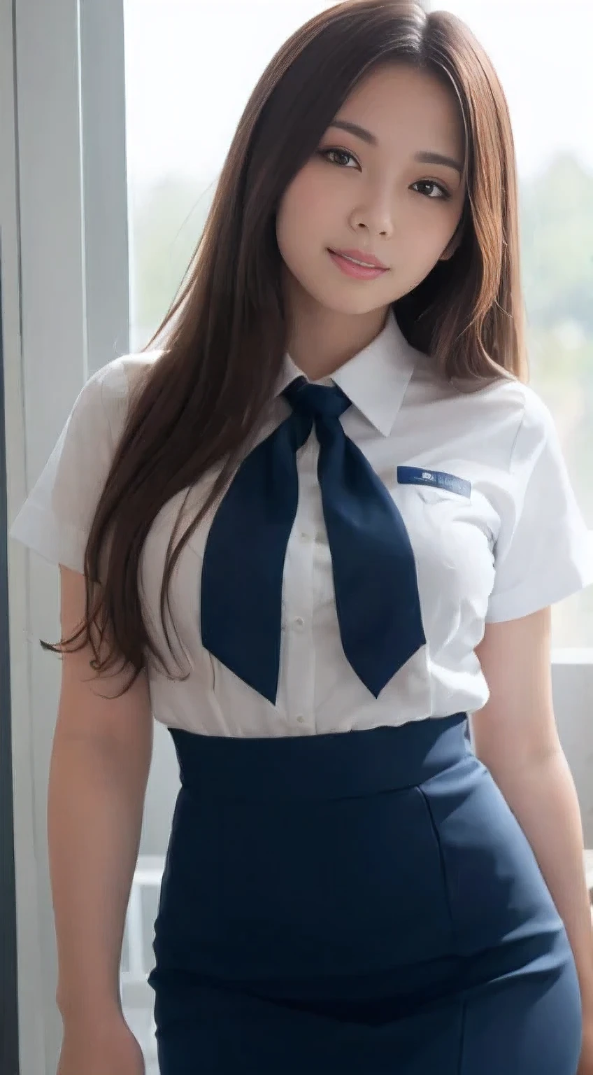 masutepiece, Best Quality, Illustration, Ultra-detailed, finely detail, hight resolution, 8K Wallpaper, Perfect dynamic composition, Full Body, Beautiful detailed eyes, Air Stewardess uniform,Medium Hair,Small breasts natural color lip, Bold sexy poses,Smile,Harajuku、20 years girl、Cute、Sexy shot looking at camera