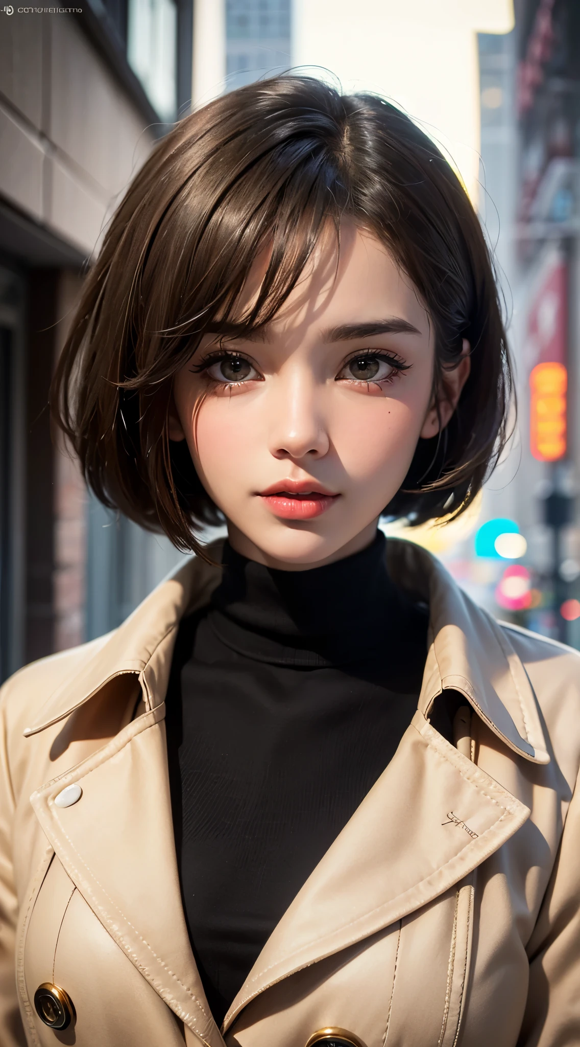 (UHD, retina, masterpiece, accurate, anatomically correct, textured skin, super detail, high details, high quality, best quality, high res, 1080P, HD, 4K, 8k, 16k), (beautiful detailed eyes, beautiful detailed lips, extremely detailed eyes and face), studio lighting, physically-based rendering, vivid colors, (large breasts, glamorous body), (beige trench coat, turtleneck sweater), (portrait, bob cut, shiny hair, shiny skin, blush), (old buildings, bokeh), eye reflection,