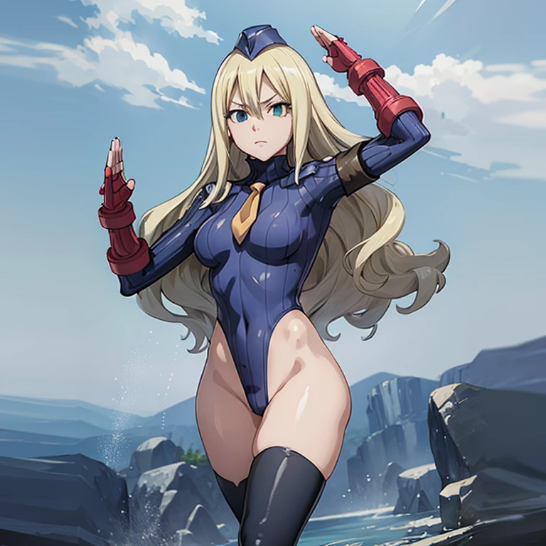 ultra-detailed, Explicit, Beautiful body, Beautiful Nose, Beautiful character design, perfect eyes, perfect face, ultra highres, 4K, beautiful legs, perfect legs, Nice hands, Perfect hand, Masterpiece, Best Quality, Highly detailed, illustration, absurdres, street fighter, doll suit, shadaloo doll, dollsuit, girls, multiple girls, expressionless, blank eyes, looking at viewer, red gloves, emotionless, black latex, corrution, mind control, female combatant, full body, hypnotized, unhappy trance, full body suit, ribbed bodysuit, both arms at side, obey, perfect female body, extremely glossy latex, hypnosis, hypnoLora, empty eyes, Mind control device, poses, submissive_pose, Slave, hat, necktie, stand up straight, standing, standing at attention, hat, necktie, belt, latex, ribbed bodysuit, thighhighs, garter belt, Fighting Stance, extending the right arm from the shoulder into the air with a straightened hand, nazi saluting, military, military saluting, salute, thigh boots, blonde hair, green eyes, very long hair, hair feather, Mavis Vermillion, Fairy Tail