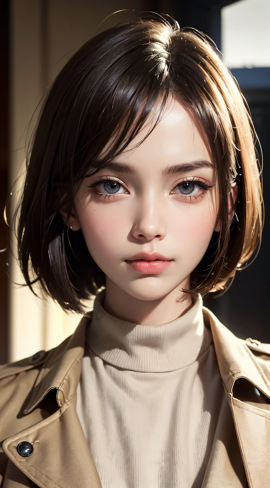 (UHD, retina, masterpiece, accurate, anatomically correct, textured skin, super detail, high details, high quality, best quality, high res, 1080P, HD, 4K, 8k, 16k), (beautiful detailed eyes, beautiful detailed lips, extremely detailed eyes and face), studio lighting, physically-based rendering, vivid colors, (large breasts, glamorous body), (beige trench coat, turtleneck sweater), (portrait, bob cut, shiny hair, shiny skin, blush), (historical place, bokeh), eye reflection,