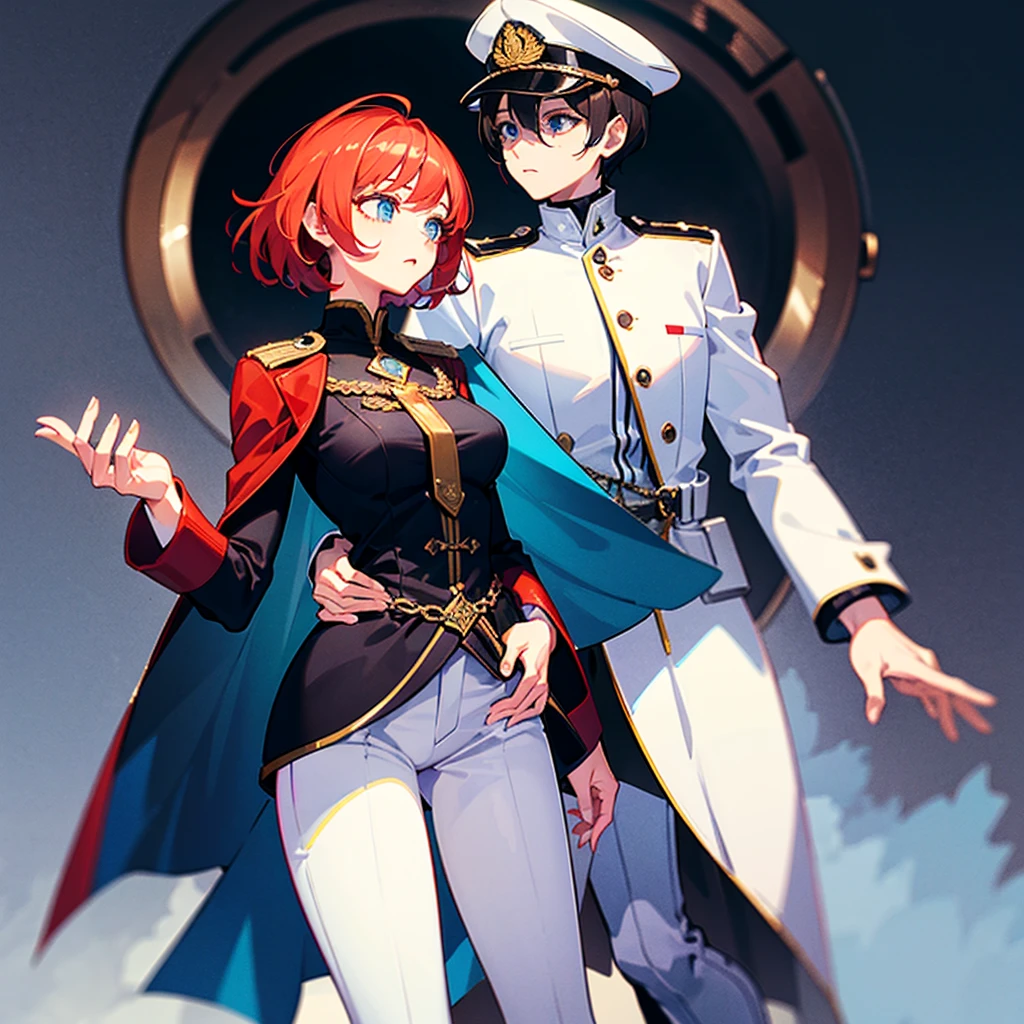 (((masterpiece)))、(((Top image quality)))、(((top-quality)))、(Illustration of one woman)、30-years old、(Viceroy)、((Red-haired shorthair))、(Thin hair hanging down both sides of the face)、Blue eyes、((Tall))、((Muscle Woman、stocky build、muscular legs、broad shoulders、solid chest))、((Military uniforms))、((Military Cap))、((Military coat))、(white clothes)、(White pants)、(White cap)、trench coat、((Inside the spaceship))