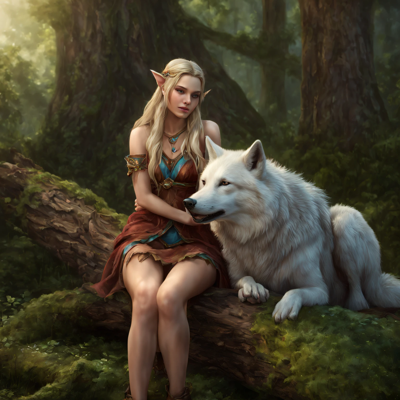 (Beautiful druid elf girl sitting on log 1.3) hugging  a big  wolf  (extremely detailed CG unity 8k wallpaper, masterpiece, best quality, ultra-detailed, beautiful detailed bright eyes:1.2), best illumination, (best shadow, an extremely delicate and beautiful, bloom), masterpiece, best quality:1.1, realistic:1.3, cinematic lighting:1.2, in the dark forest:1.5, ultra photoreal, photorealistic:1.0, sharp focus:1.1, depth of field:1.1, 50mm, Hasselblad X1D II, Porta 160