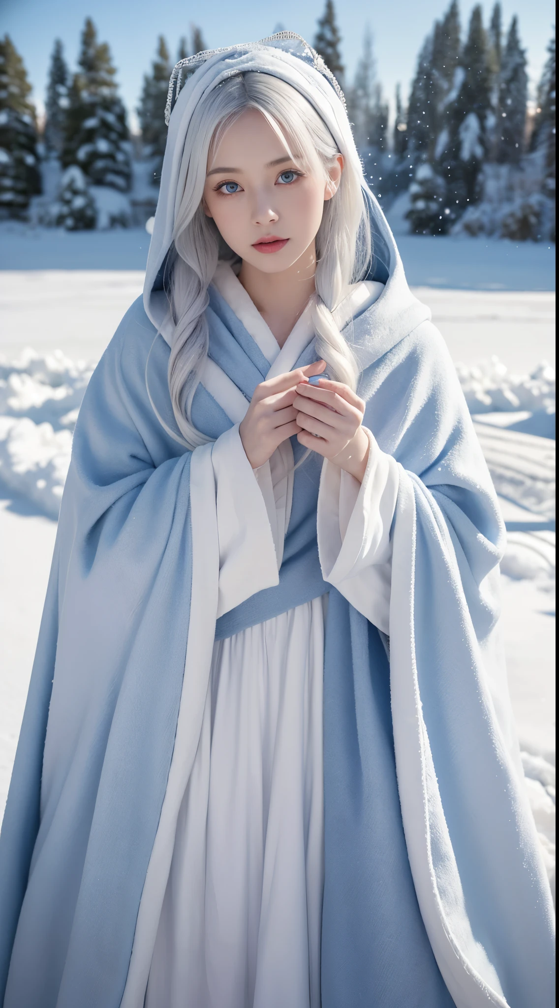 realisticlying, A high resolution, 1 Women, Alone, (ta costume),Gorgeous costumes attract the audience,upper part of body,upper legeautiful blue eyes, White hair, eye socket, (external,Oyuki,Cloak,blanketed in a mantle of snow),snow field