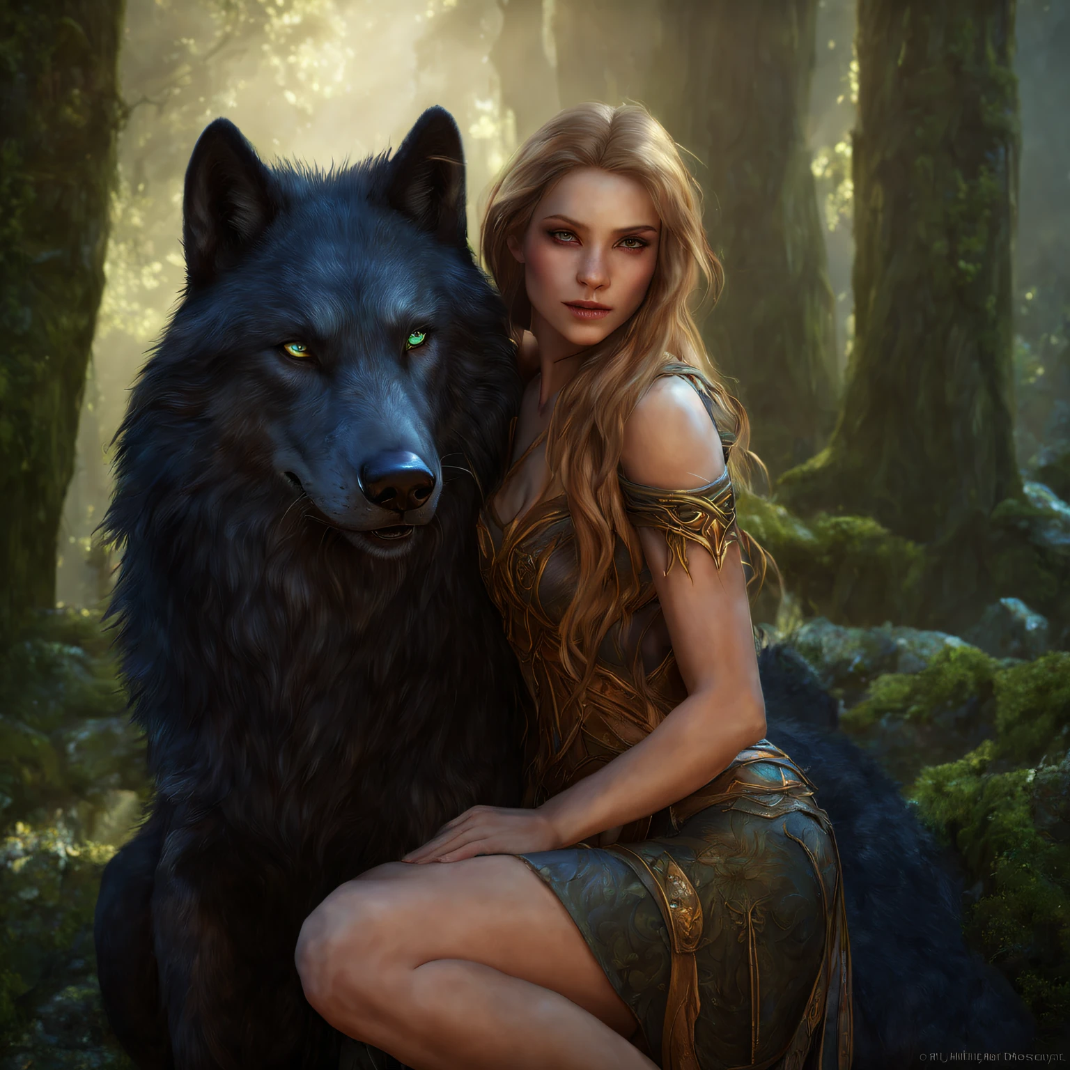 (Beautiful druid elf girl 1.3) hugging a big black wolf (extremely detailed CG unity 8k wallpaper, masterpiece, best quality, ultra-detailed, beautiful detailed bright eyes:1.2), best illumination, (best shadow, an extremely delicate and beautiful, bloom, iridescent), masterpiece, best quality:1.1, realistic:1.3, cinematic lighting:1.2, on a sunray cliff:1.5, ultra photoreal, photorealistic:1.0, sharp focus:1.1, depth of field:1.1, 50mm, Hasselblad X1D II, Porta 160