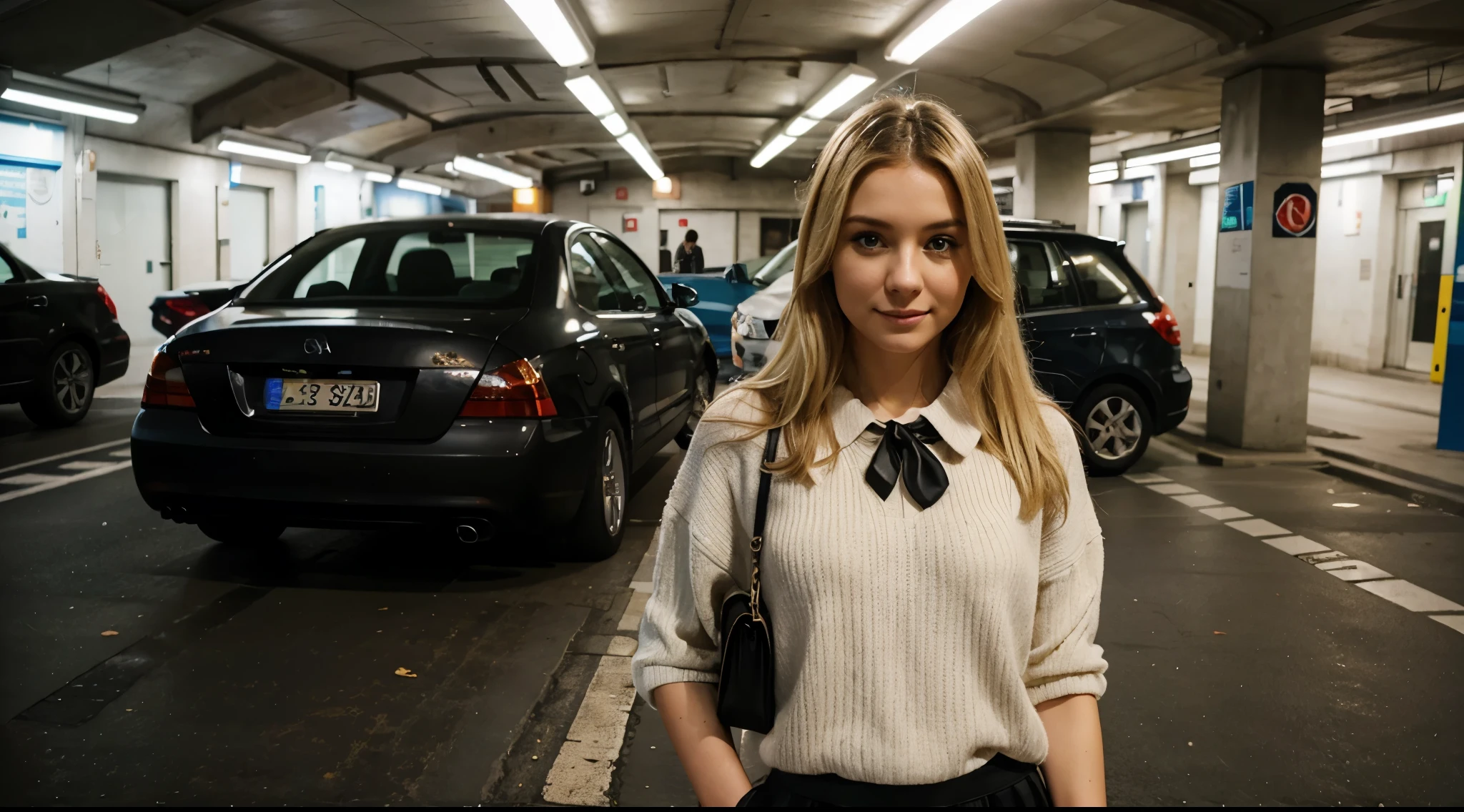 iPhone camera quality, Blonde girl stands in an underground car park in Vienna in a winter outfit, she wears a skirt, she has a cute face, 20 Jahre alt, sie schaut nach rechts