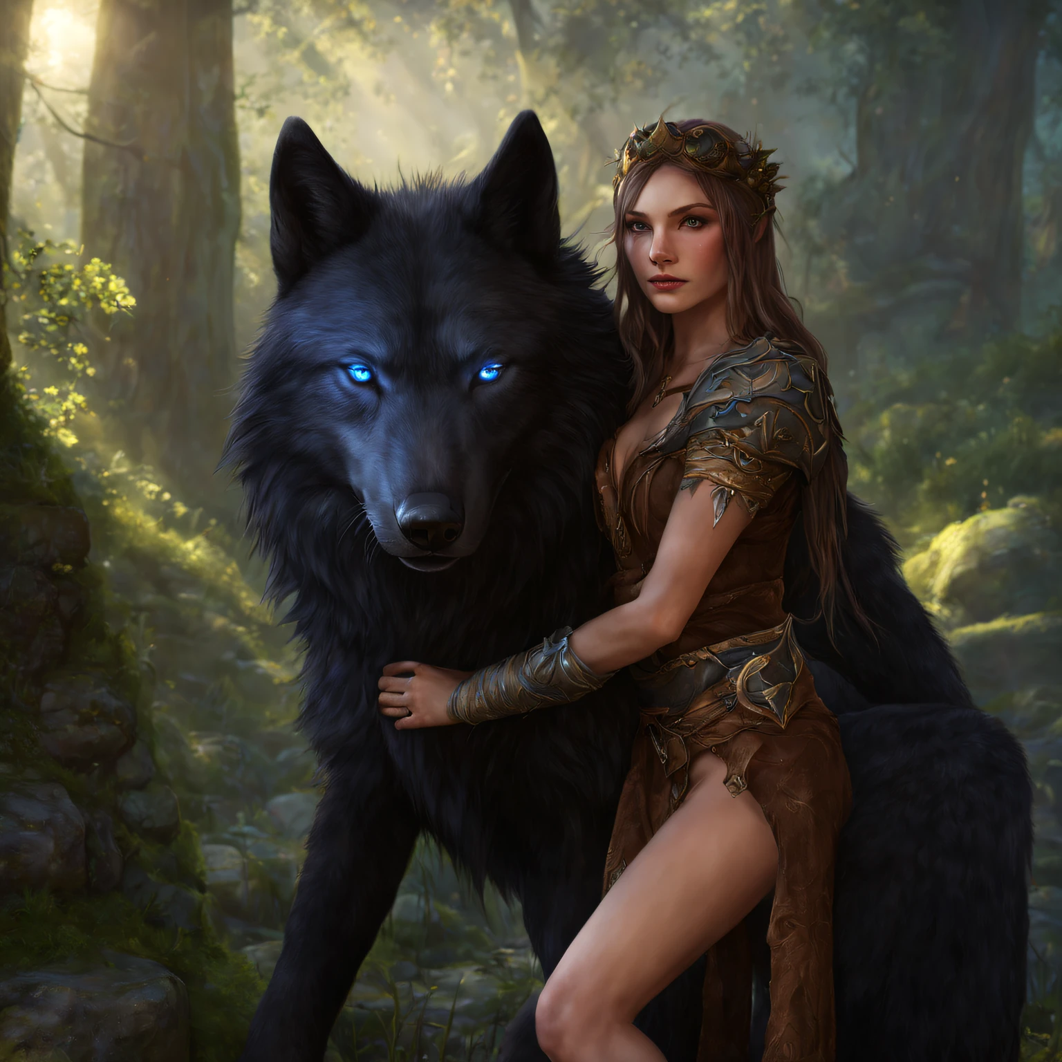 (Beautiful druid elf girl 1.3) hugging a big black wolf (extremely detailed CG unity 8k wallpaper, masterpiece, best quality, ultra-detailed, beautiful detailed bright eyes:1.2), best illumination, (best shadow, an extremely delicate and beautiful, bloom, iridescent), masterpiece, best quality:1.1, realistic:1.3, cinematic lighting:1.2, on a sunray cliff:1.5, ultra photoreal, photorealistic:1.0, sharp focus:1.1, depth of field:1.1, 50mm, Hasselblad X1D II, Porta 160