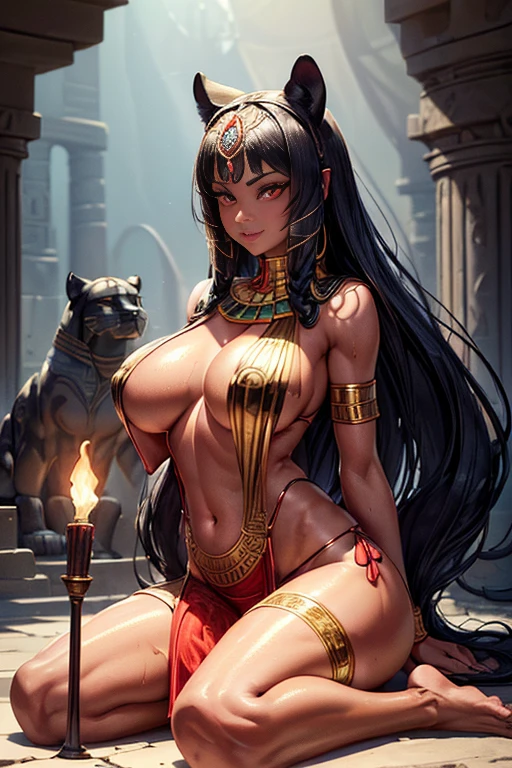 queen panther girl from ancient Egypt, (((panther woman,anthro furry cute,panther female warrior,panther-girl))),(((tail,panther tail,panther ears,thin panther tail,panther ears on head,big panther ears))),(large breasts:1.4,saggy breasts),((black hair:1.4,straight hair,long hair:1.4,colored inner hair)),(((red_eyes:1.3))),intricate eyes,beautiful detailed eyes,symmetrical eyes,((((lustrous skin:1.5,tanned skin,bright skin: 1.5,skin tanned,shiny skin,very shiny skin,shiny body)))),(spider lower abdomen,narrow waist,wide hip,athletic body,inflated legs),(((detailed face))),beautiful detailed lips, slutty,sensual,seductive look,seductive,((erotic)),opulent,(((nsfw))), (((huge cleavage))),revealing clothes,show skin,((underboob)),(barefoot,),Egyptian adornments,(((red veil))),desert warrior with little clothing,((tiny loincloth)),Egyptian tattoo,arms covered in Egyptian adornments,shoulder pad,(((nemes with that of the sphinx))),include hieroglyphics in clothing,((clothing in red and black and white colors)),((Egyptian designs on the arms)),(((Transparent cloth:1.1,wet clothes,intricate outfit,embroidered outfit,ornate outfit,intricate clothes,embroidered clothes,ornate clothes))), dynamic pose,looking at viewer,(smirk,beautiful smile),centered,scale to fit dimensions,Rule of thirds, inside a cavern,pillars,((pillars background,egyptian palace background)),scenery,extremely scenery,(torches,torches in the background),Egypt castle,(sunset, golden hour), (Glossy Egyptian ornaments),(top-quality,8K,32K,masterpiece),high resolution,(Photorealistic:1.4),Ray tracing,Sun glare,depth of fields,By backlight effect,Add depth to your screen,(((vibrant colors,vibrant theme))),(intricate),(high contrast,photorealistic artwork:1.37),(best quality,4k,highres,masterpiece:1.2),ultra-detailed,(realistic,photorealistic,photo-realistic:1.37),professional,
