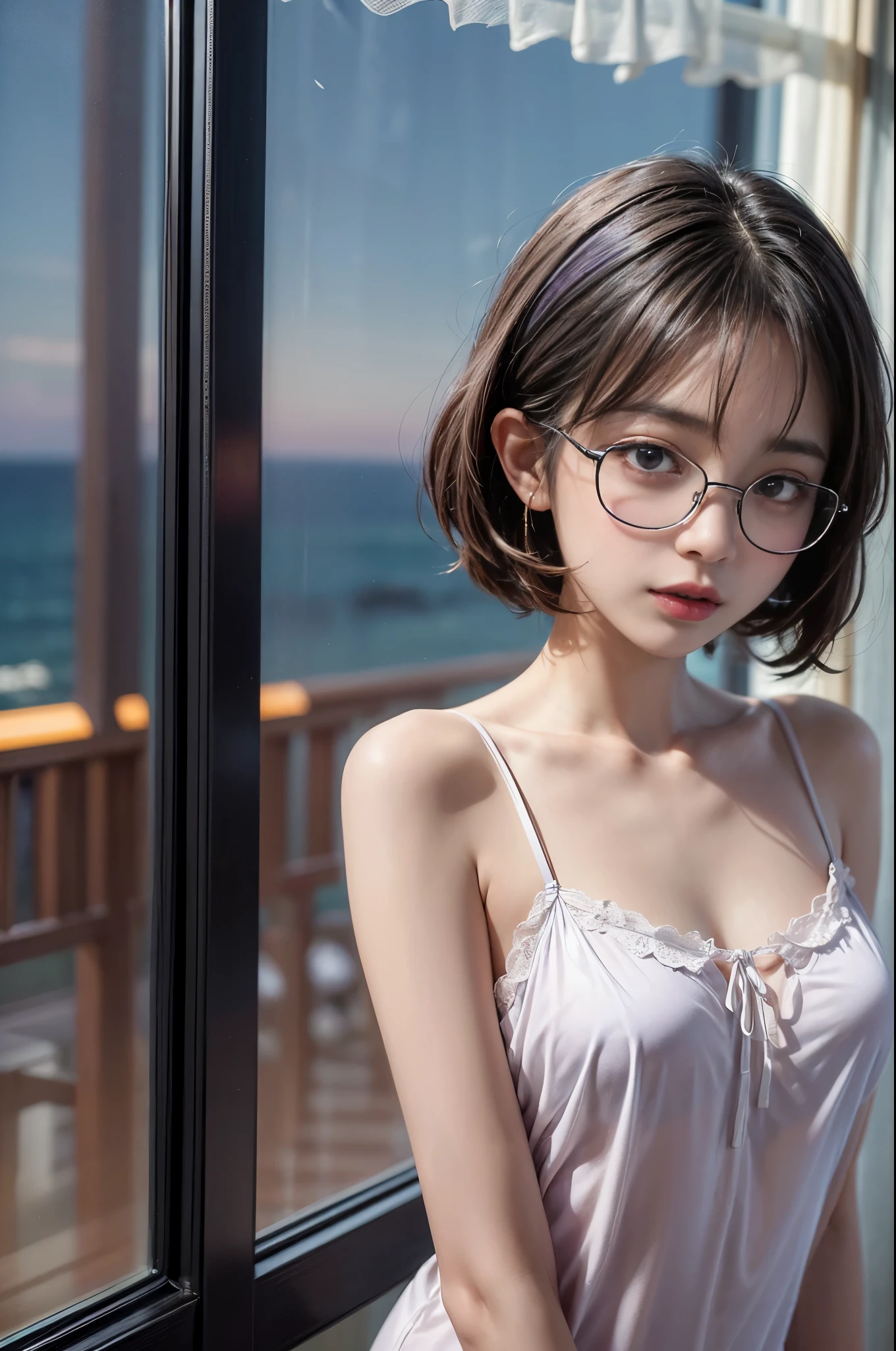 (Front Focus、Perfect Anatomy:1.5)、(ultra-detailliert、16k picture quality、Unripe、realskin、raw quality: 1.6)、hyper realist、photoRealstic.Cinematic lighting、extra detailed face、smil、1美しいThailandの女の子、 （14 歳の美しいThailand人と本のハーフの女の子:1.short-hair:1.3）black frame glasses rack frame glasses）（large breasts with good shape:1.4）（Black tanned skin、Blackskin:1.8）burnt、Purple hair、nightgown about to take off、Based on white
(see-through Nightgown:1.4)
  BREAK.（POV、Cowgirl Girl、One-person viewpoint:1.6）（Paizuri、Grabbing your chest with your hands:1.3）(sleepy expression:1.3)（Thailand、On a bed in a resort hotel with a view of the ocean from the window、midnight night time:1.4）