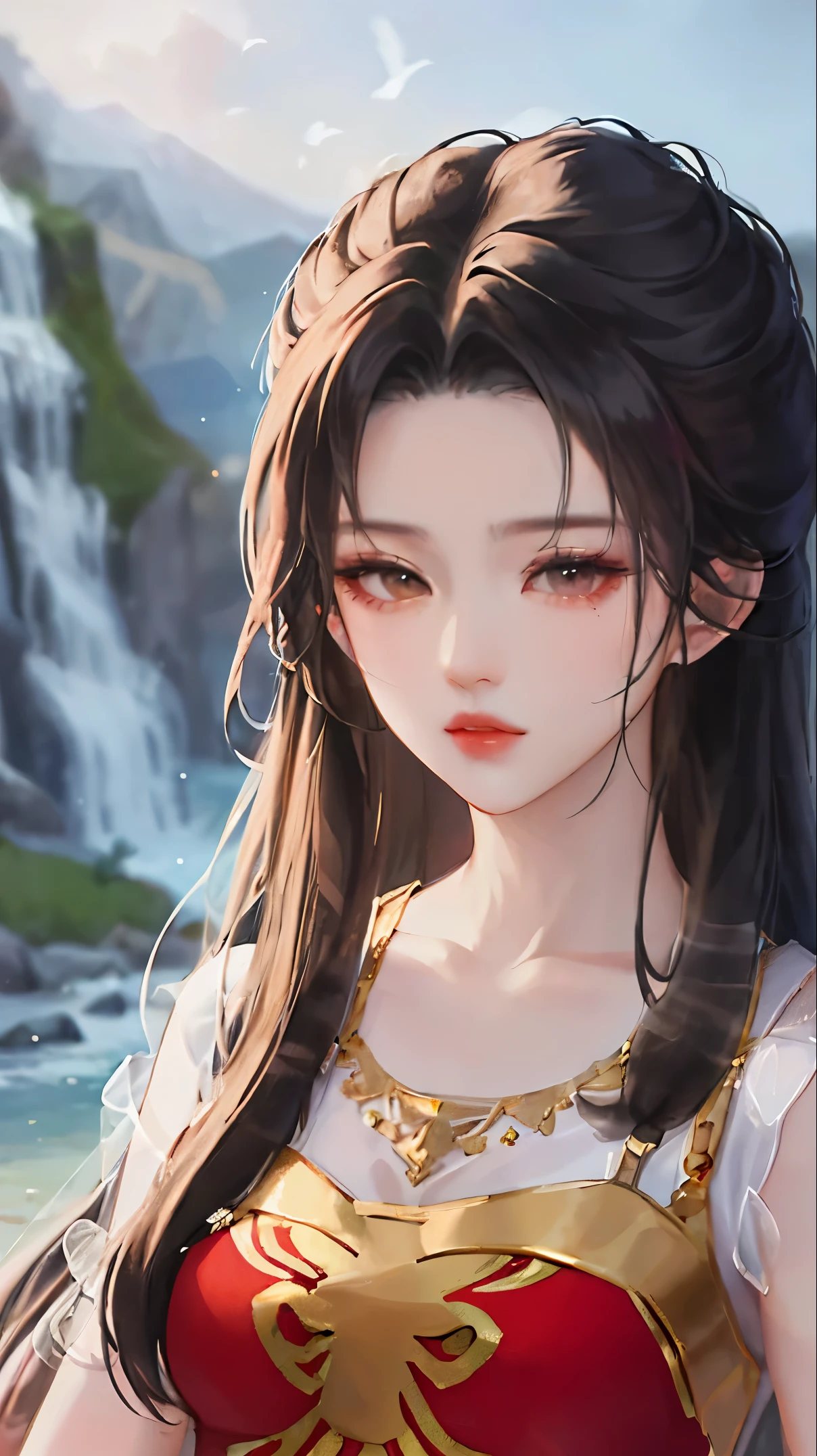 heroes'A masterpiece in the style of ancient Wei Zi,Close-up of a woman with black hair,Red dress,mistic,Antique rhyme,Exquisite epic character art,Presenting stunning aesthetics and antique atmosphere,The delicate brushstrokes and depth of field in the picture make you immersed in the scene,Fan Qiwu quasi-world can be regarded as the beauty of mountains and rivers,Liu Yifei,