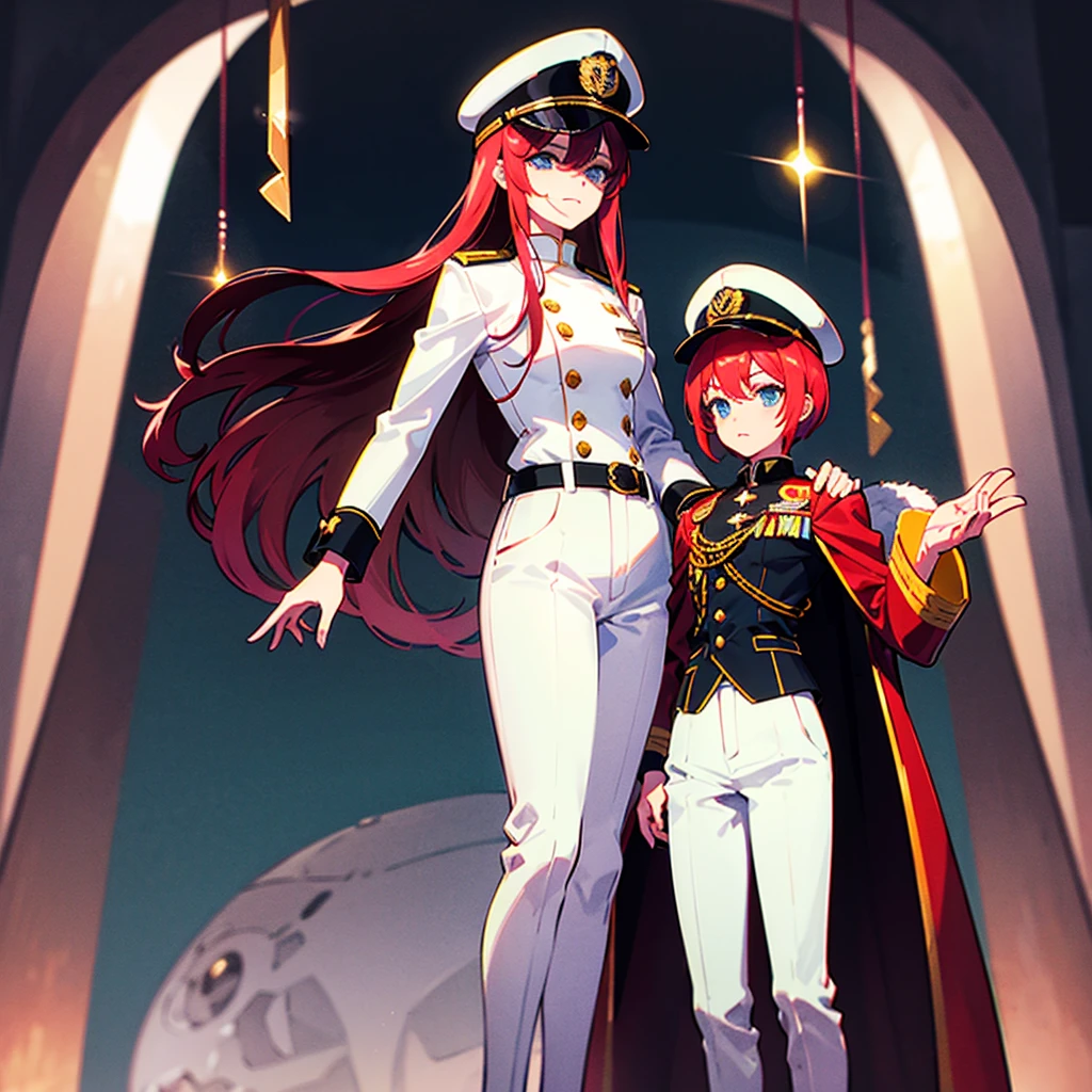 （（（​masterpiece）））、（（（Top image quality）））、（（（top-quality）））、（Illustration of one woman）、30-years old、（Viceroy）、（（Red-haired shorthair））、（Thin hair hanging down both sides of the face）、Blue eyes、（（Tall））、（（Muscle Woman、stocky build、muscular legs、broad shoulders、solid chest））、（（Military uniforms））、（（Military Cap））、（（Military coat））、（white  clothes）、（White pants）、（White cap）、trench coat、（（Inside the spaceship））