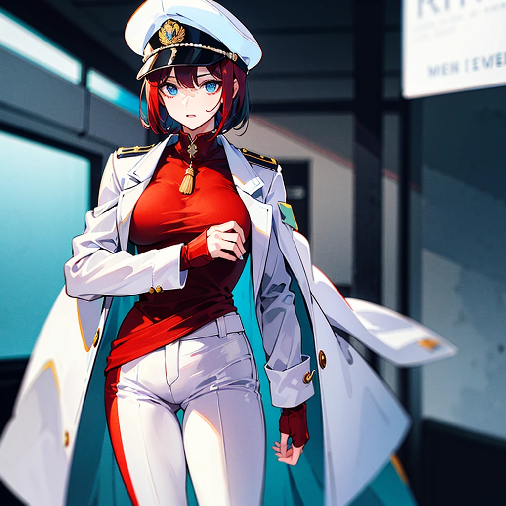 (((masterpiece)))、(((Top image quality)))、(((top-quality)))、(Illustration of one woman)、30-years old、(Viceroy)、((Red-haired shorthair))、(Thin hair hanging down both sides of the face)、Blue eyes、((Tall))、((Muscle Woman、stocky build、muscular legs、broad shoulders、solid chest))、((Military uniforms))、((Military Cap))、((Military coat))、(white clothes)、(White pants)、(White cap)、trench coat、((Inside the spaceship))