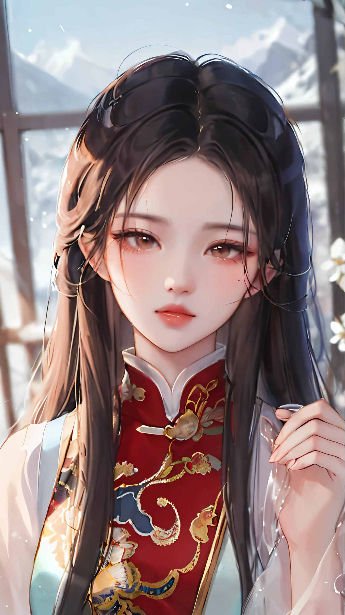 heroes&#39;A masterpiece in the style of ancient Wei Zi，Close-up of a woman with black hair，Red dress，mistic，Antique rhyme，Exquisite epic character art，Presenting stunning aesthetics and antique atmosphere，The delicate brushstrokes and depth of field in the picture make you immersed in the scene，Fan Qiwu quasi-world can be regarded as the beauty of mountains and rivers，Liu Yifei,