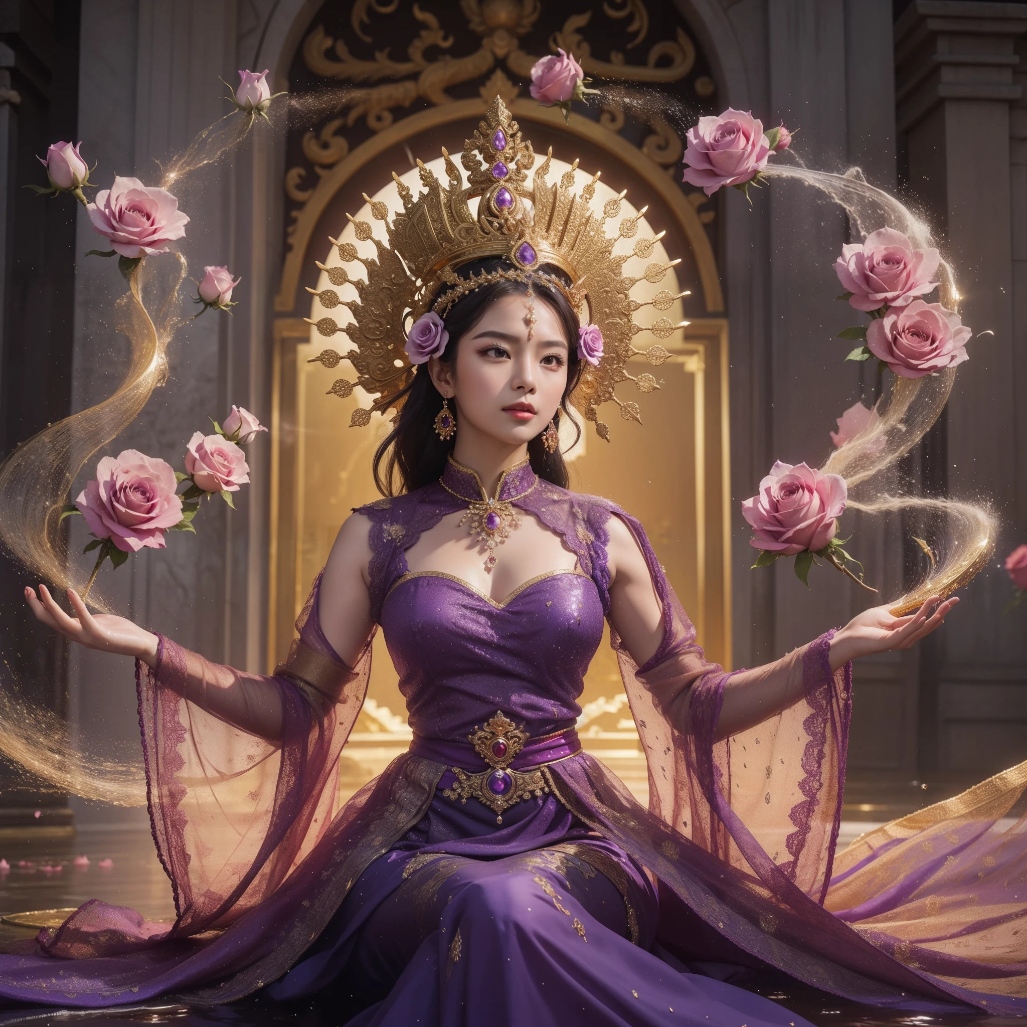 a beautiful woman dressed in traditional Indonesian purple with a gold crown in front of an ancient gate while sitting dancing, floating water and roses moving in the air rotating above her body, lightning effect, comparable body, facing the camera(((face focus))), shot quality throughout body, super detailed, ultra HD, photo realistic, 16k