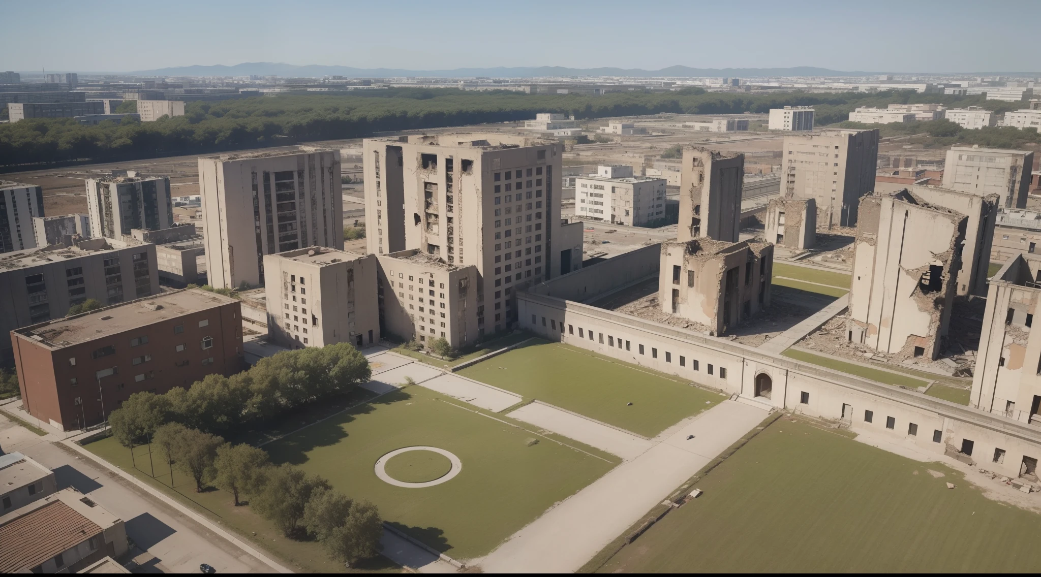 （tmasterpiece， quality， Best quality at best， offcial art， Beautiful and beautiful：1.2）Ruins scene，earthquake debris，A flat piece of land，There are abandoned high-rise buildings behind the flat land.，down view，Top-down view，Realistic scene