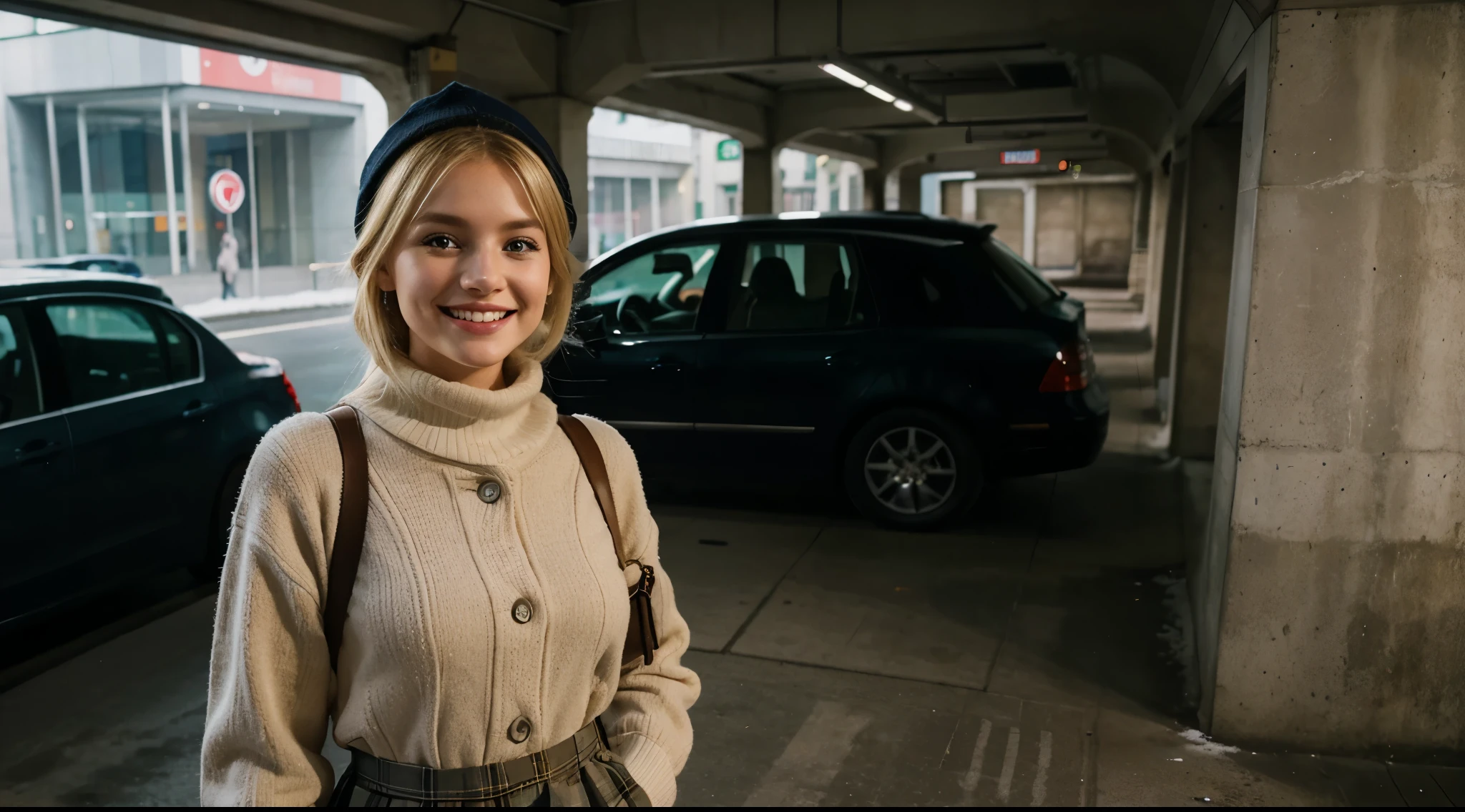 iPhone camera quality, Blonde girl stands in an underground car park in Vienna in a winter outfit, Beautiful smile, cute face, she wears a skirt, she has a cute face, 20 Jahre alt, sie schaut nach rechts