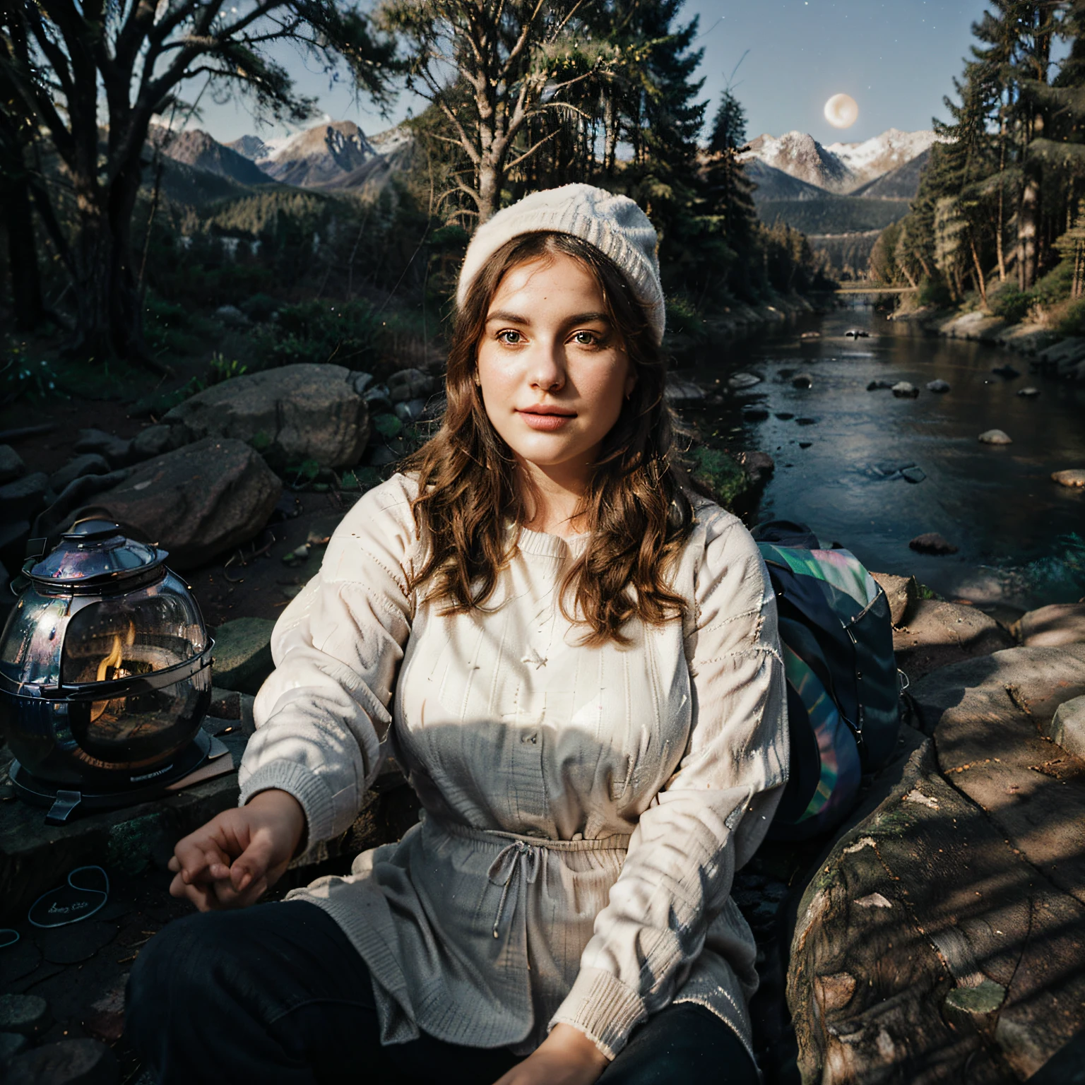 1 curvy fat woman ((upper body selfie)), (beautiful detailed bright eyes:1.2) masterpiece, best quality, ultra-detailed, outdoor, (night), mountains, nature, (stars, moon), bag sleeping, camping stove, mountain boots, sweater, American hat, lantern, forest, stones, river, campfire, wood, smoke, shadows, contrast, clear sky, style, (warm hue, warm tone), best illumination, (best shadow, an extremely delicate and beautiful, bloom, iridescent), shimmering, glowing, realistic:1.3, cinematic lighting:1.2,  ultra photoreal, photorealistic:1.0,