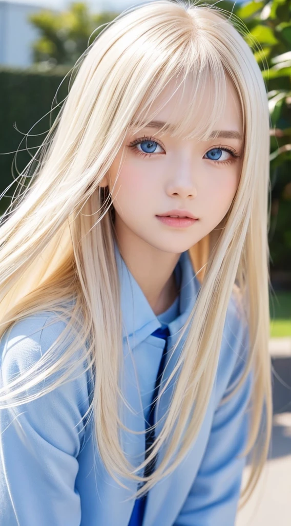 1 girl、portlate、student clothes、blue-sky、Bright and very beautiful face、年轻, shiny white shiny skin、Best Looks、Blonde hair with dazzling light reflection、Beautiful Platinum Blonde Super Long Silky Straight Hair Gloss、Long bangs、Extraordinarily beautiful 17-year-old、Big eyes that shine crystal clear light blue、Beautiful lovely beautiful girl