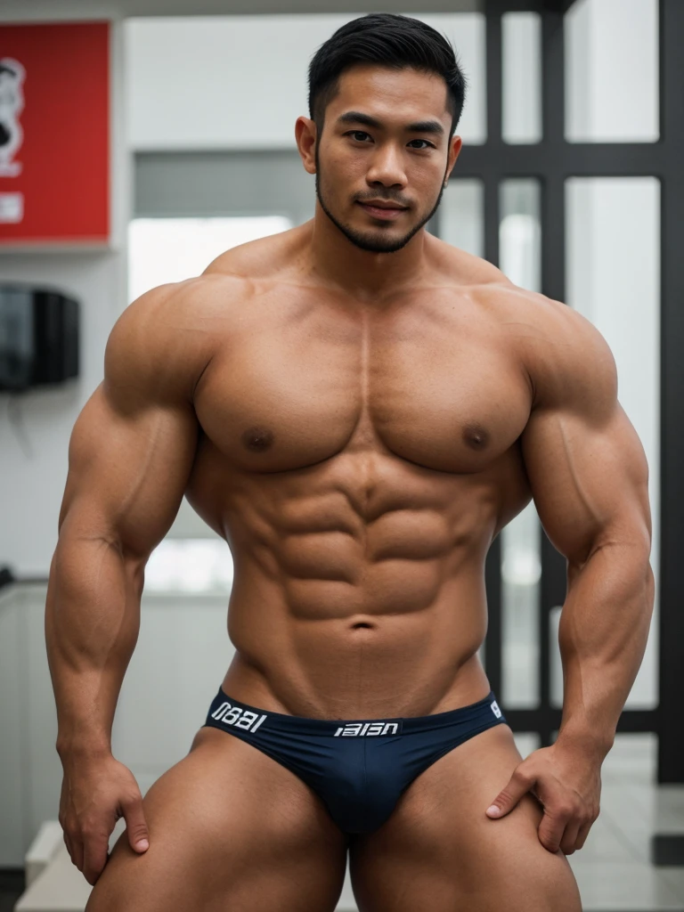 Thai male, slight beard, bodybuilder, bikini,
