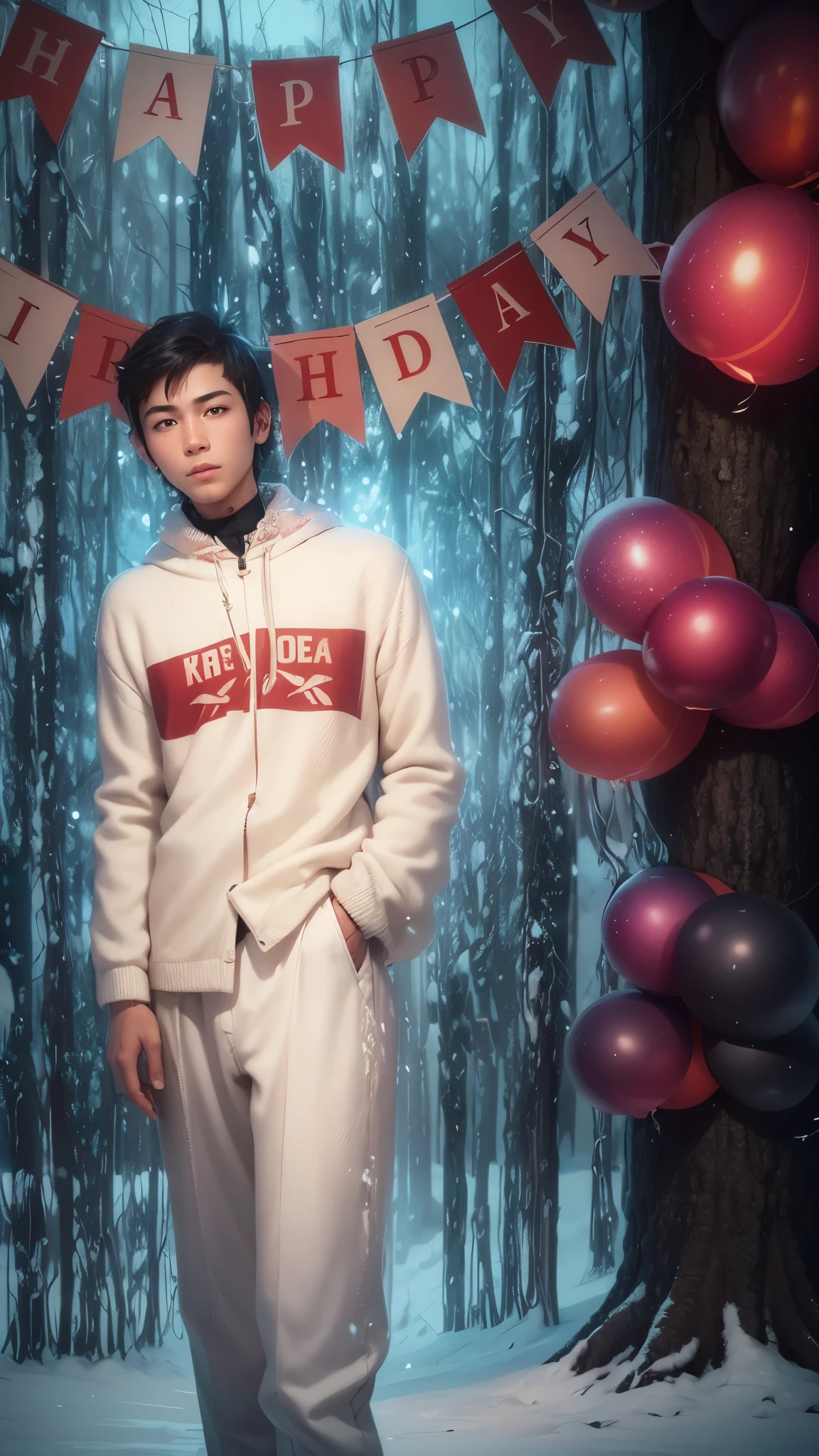 Boy with snowy tree futuristic background and realistic face and ultra hd quality and one dog tree side face not change and clothes not change