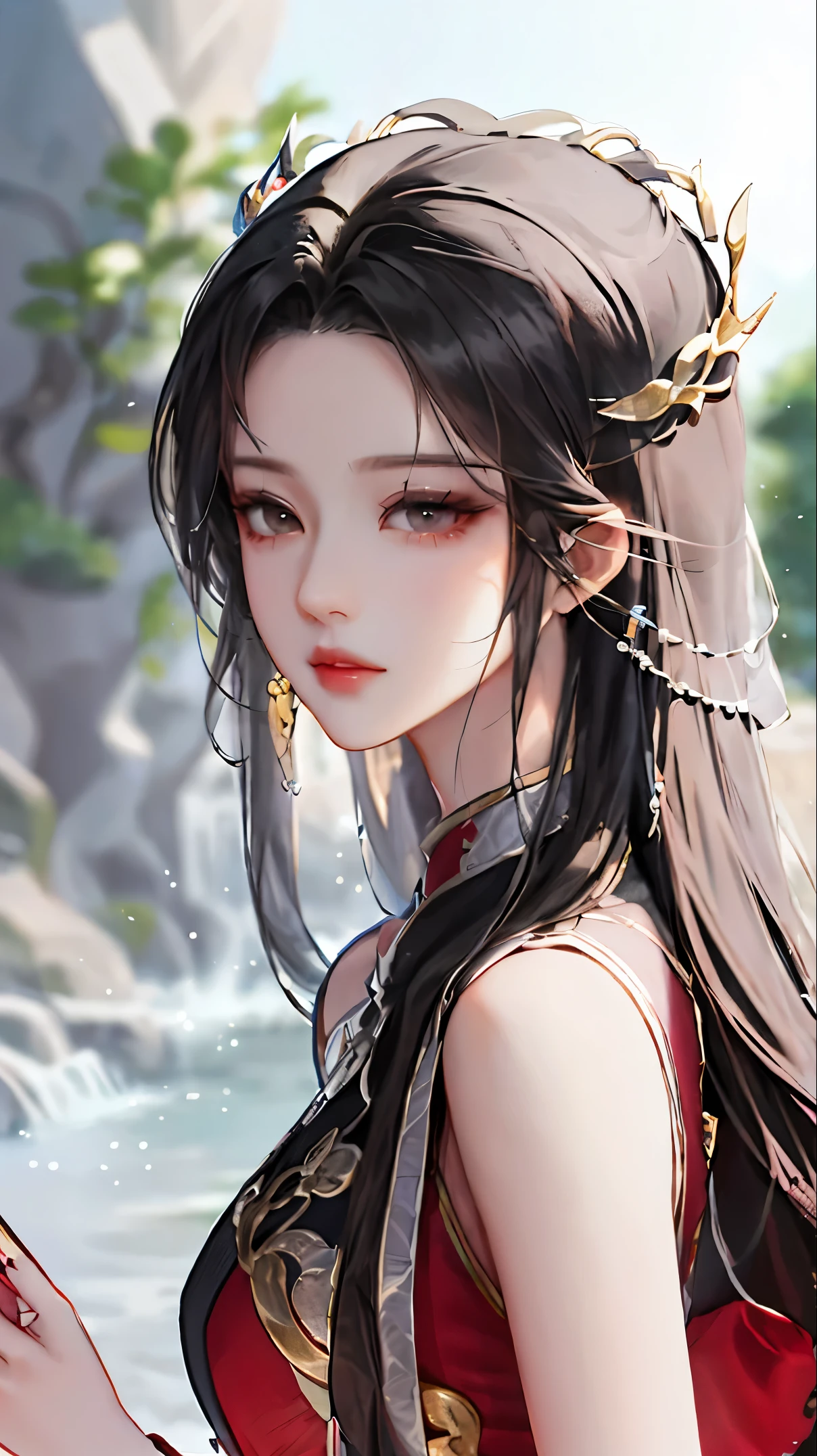 heroes&#39;A masterpiece in the style of ancient Wei Zi，Close-up of a woman with black hair，Red dress，mistic，Antique rhyme，Exquisite epic character art，Presenting stunning aesthetics and antique atmosphere，The delicate brushstrokes and depth of field in the picture make you immersed in the scene，Fan Qiwu quasi-world can be regarded as the beauty of mountains and rivers，Liu Yifei,