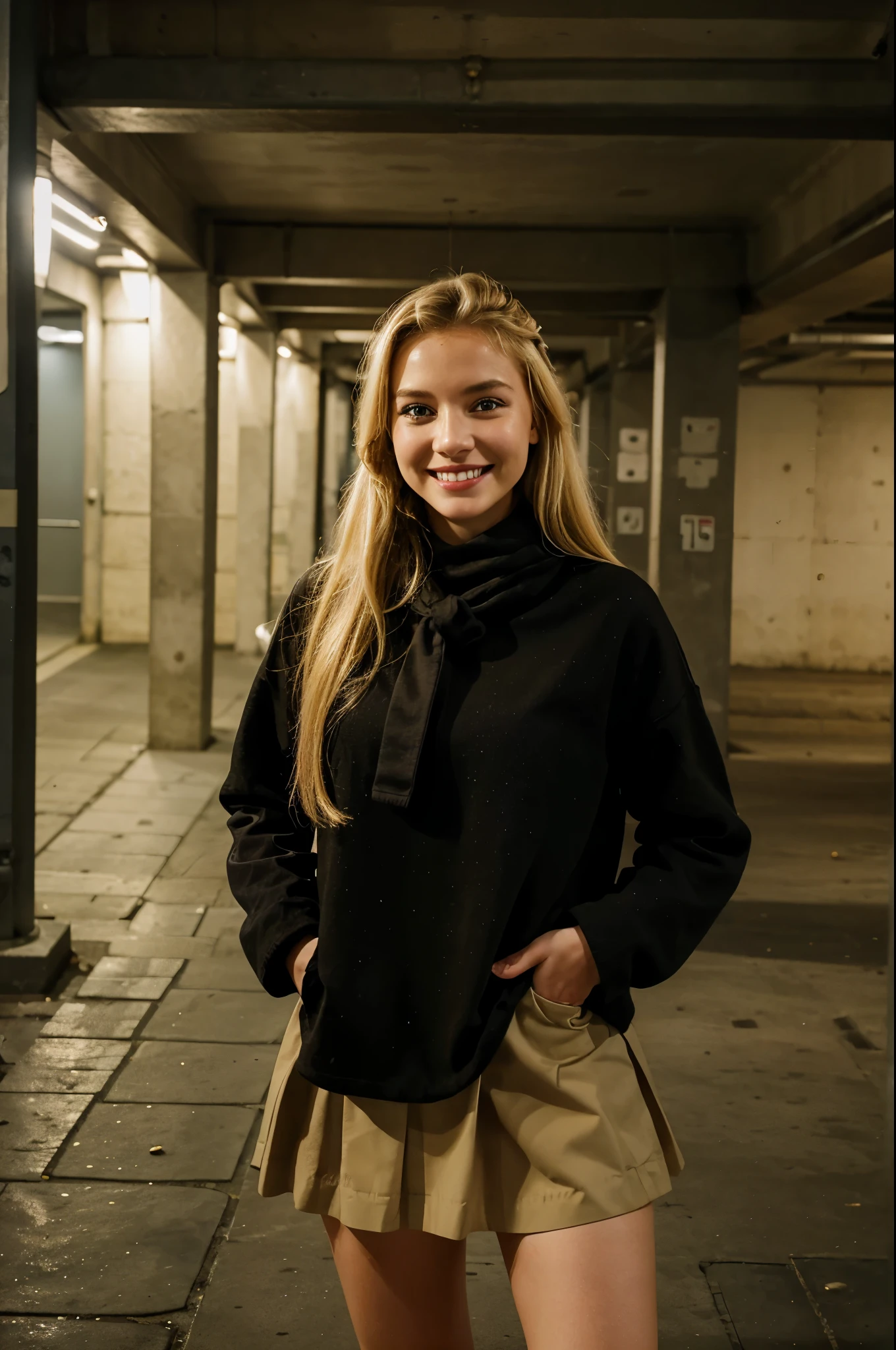 iPhone camera quality, Blonde girl stands in an underground car park in Vienna in a winter outfit, Beautiful smile, cute face, she wears a skirt, she has a cute face, 20 Jahre alt, sie schaut nach rechts